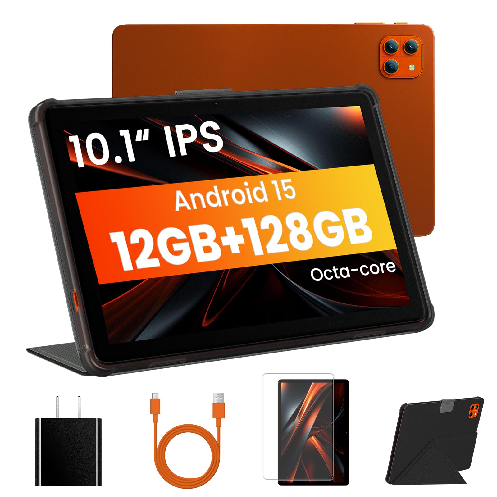10 inch Tablet, Android Tablet, 12GB RAM 128GB Storage, Expandable up to 2TB, with Foldable Stand Case, Octa-Core Processor, IPS