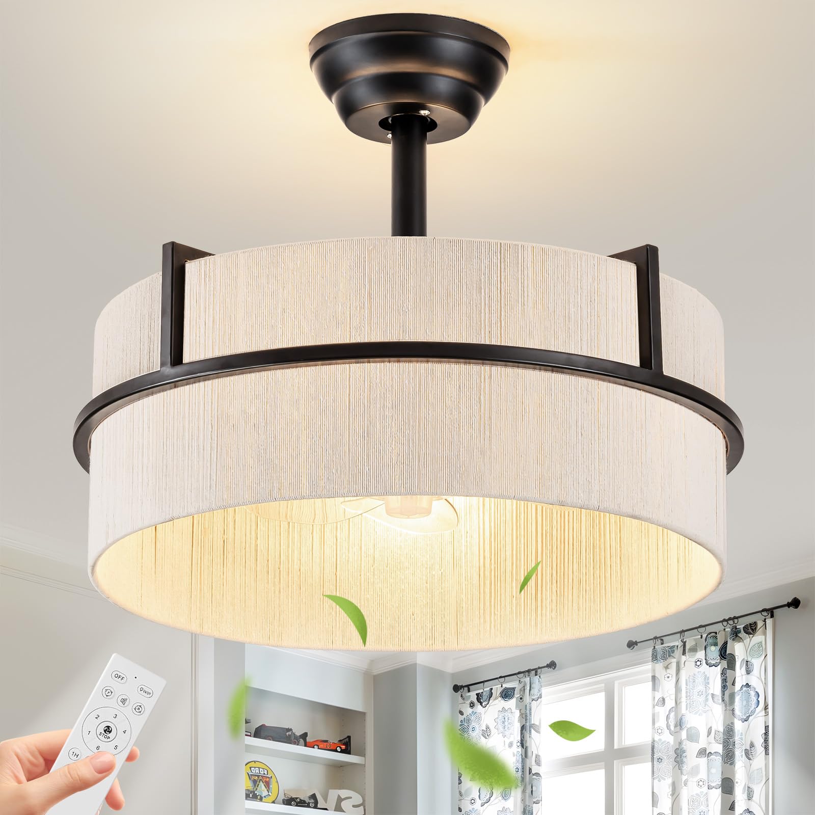 akiuzna Boho Fandelier Ceiling Fan with Light and Remote, Black Finish & White Handwoven Rattan, Low Profile Flush Mount Reversi