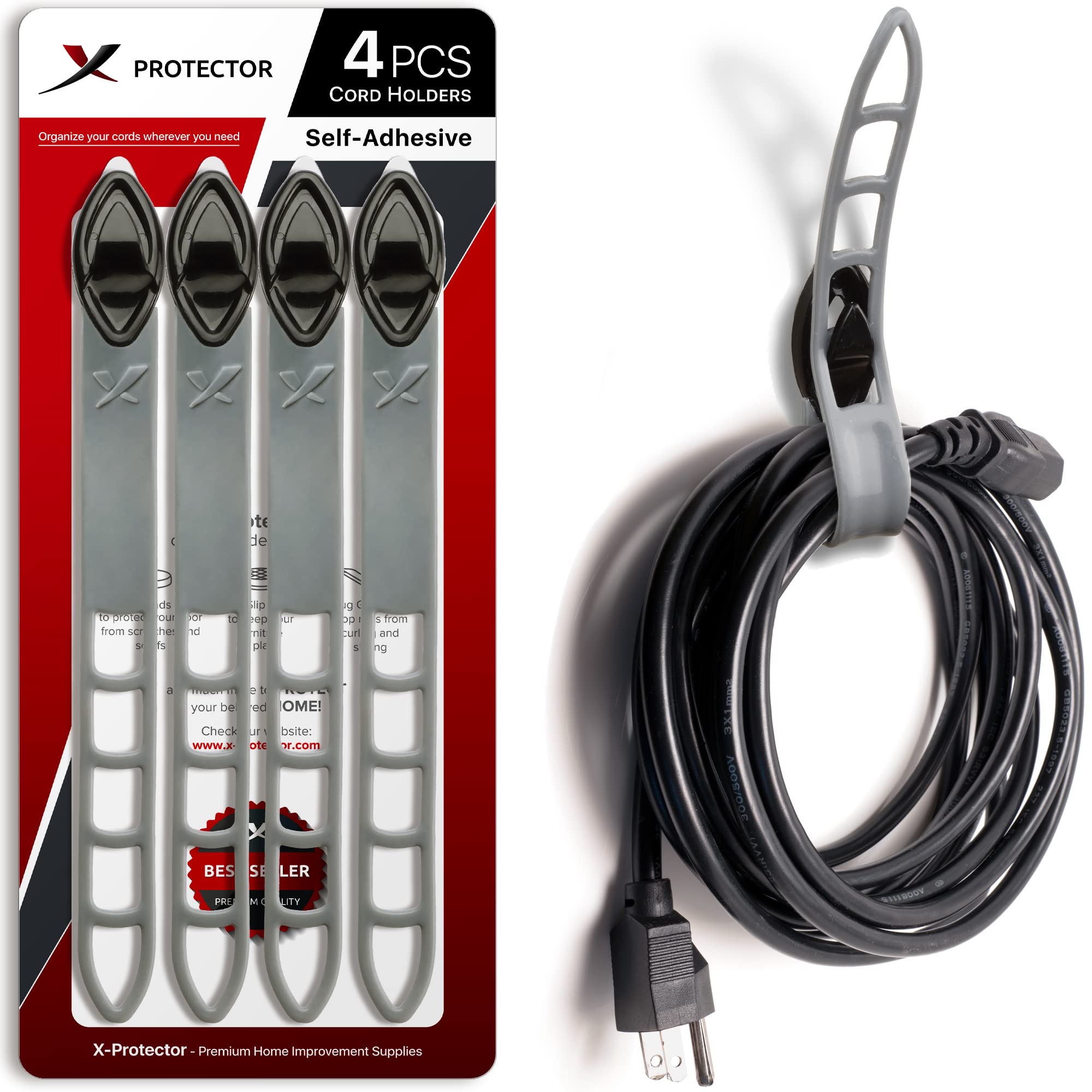 Extension Cord Holder X Protector   4 Pcs Self Adhesive Appliance Cord Holder With Manageable Belt   Premium Cord Organizer For