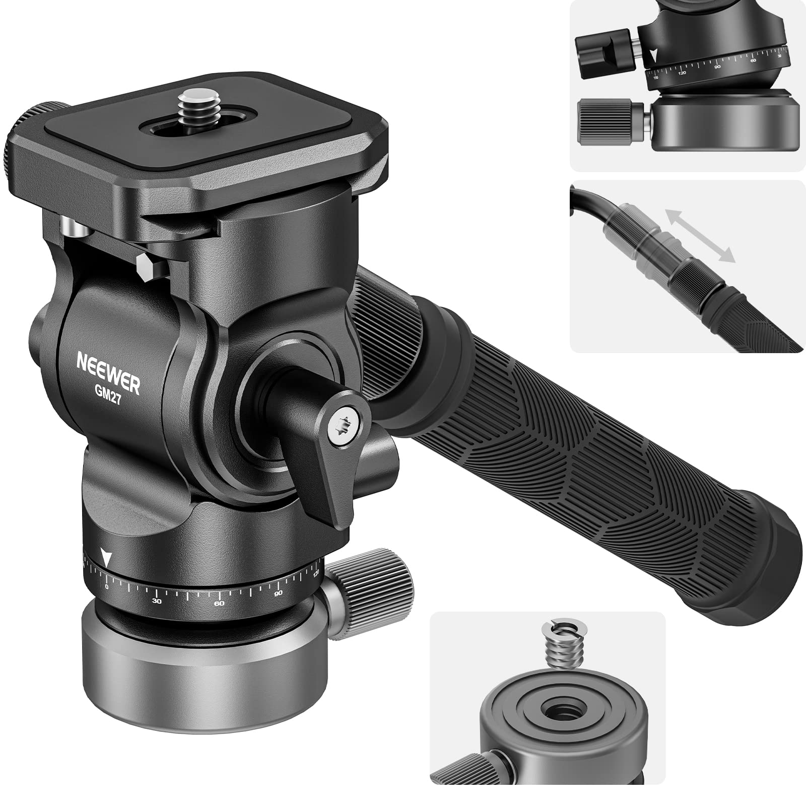 Neewer Tripod Fluid Head With +/ 10 Leveling Base(37Mm Dia.), Metal Pan Tilt Head With Arca Type Qr Plate, Telescopic Handle For