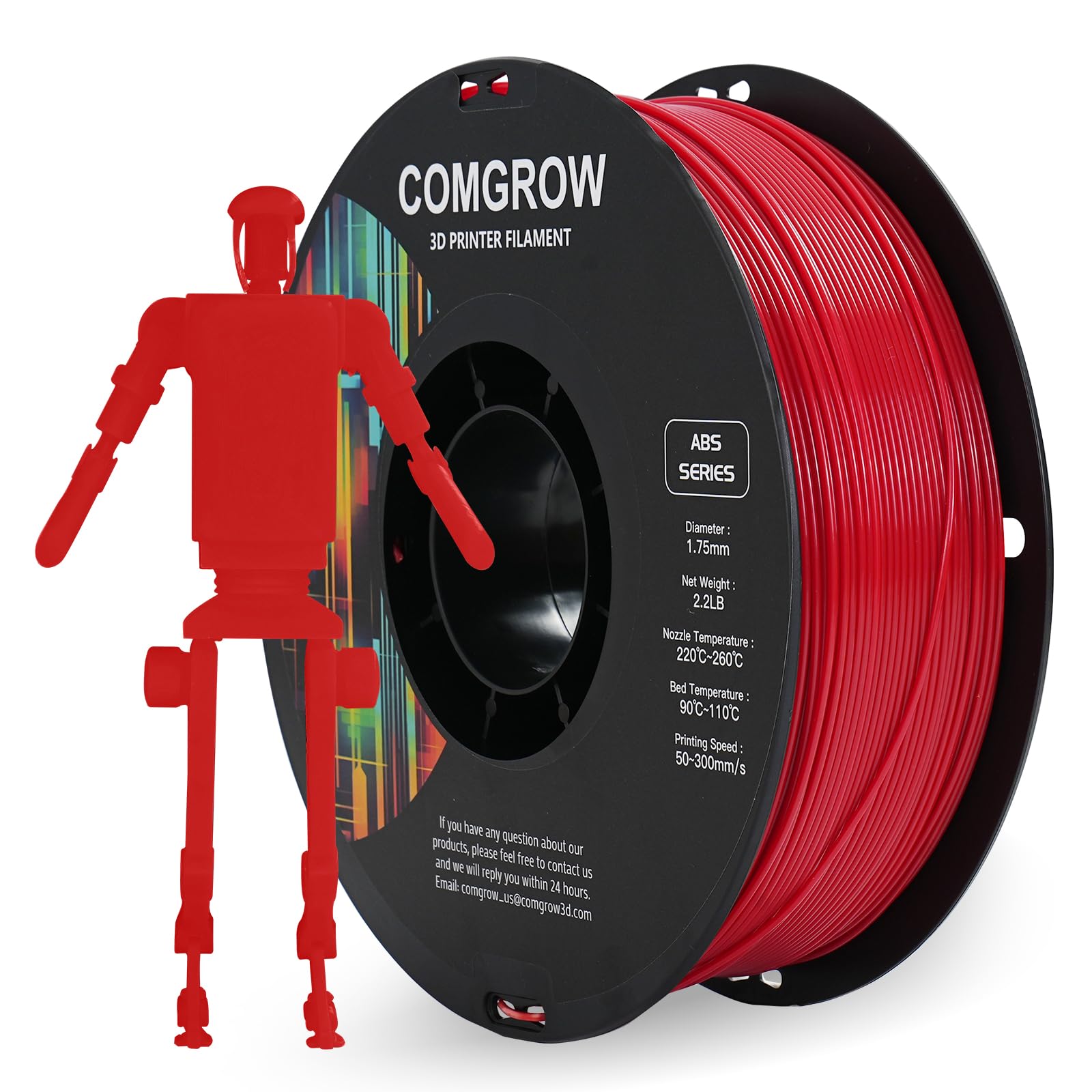 Comgrow ABS 3D Printer Filament, 1.75mm, Heat Resistant, 1kg, Red, +/- 0.02mm Dimensional Accuracy