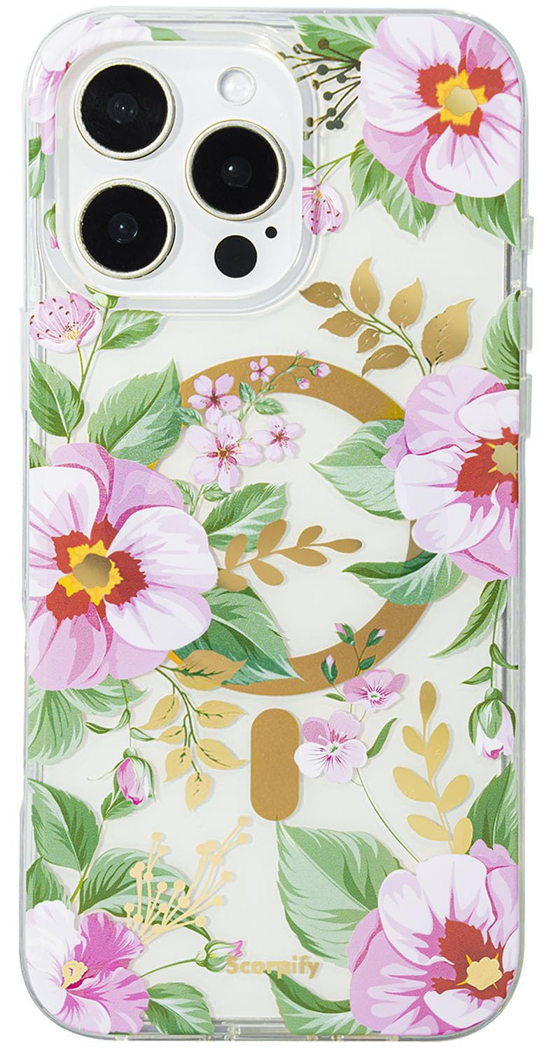 Scorpify For Iphone 16 Pro Case [Compatible With Magsafe] With Pink Primrose Floral Design, Cute Clear Flower Magnetic Phone Cov