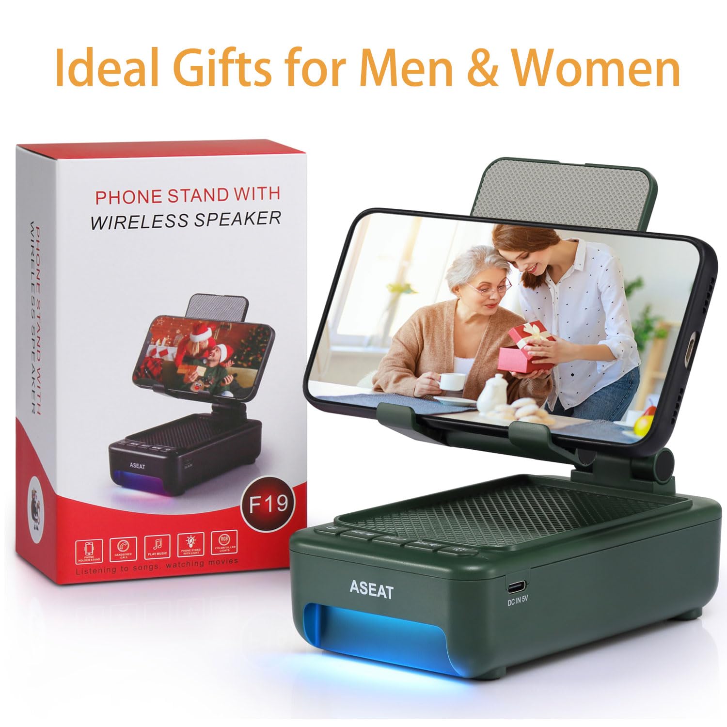 ASEAT F19 Cell Phone Stand with Bluetooth Speaker LED Color Changing Light Plastic Green