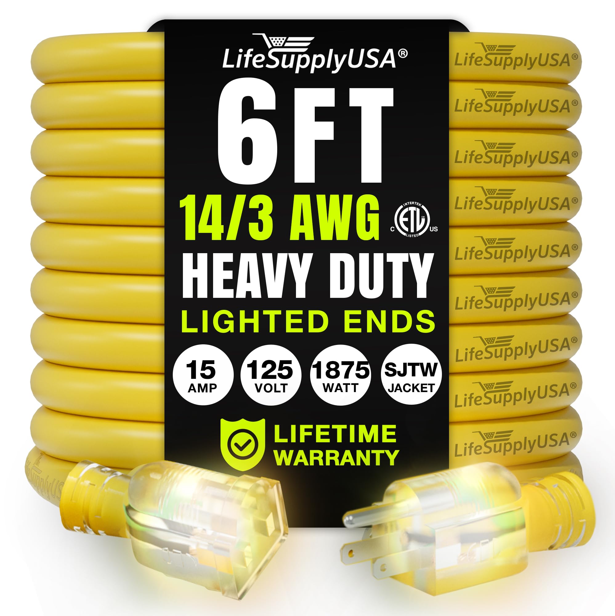 6Ft Power Outdoor Extension Cord & Indoor   Waterproof Electric Drop Cord Cable   3 Prong Sjtw, 14 Gauge, 15 Amp, 125 Volts, 187