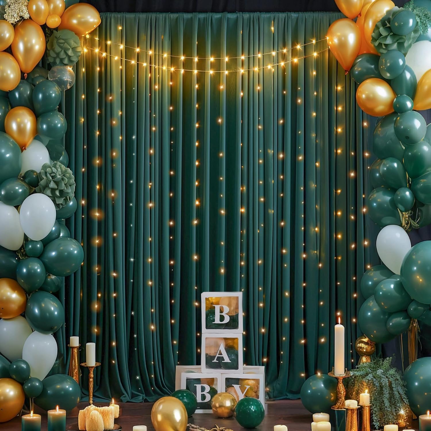 20Ft X 10Ft Wrinkle Free Hunter Green Backdrop Curtains For Parties, 4 Panels 5X10Ft Polyester Green Photo Backdrop Drapes For W