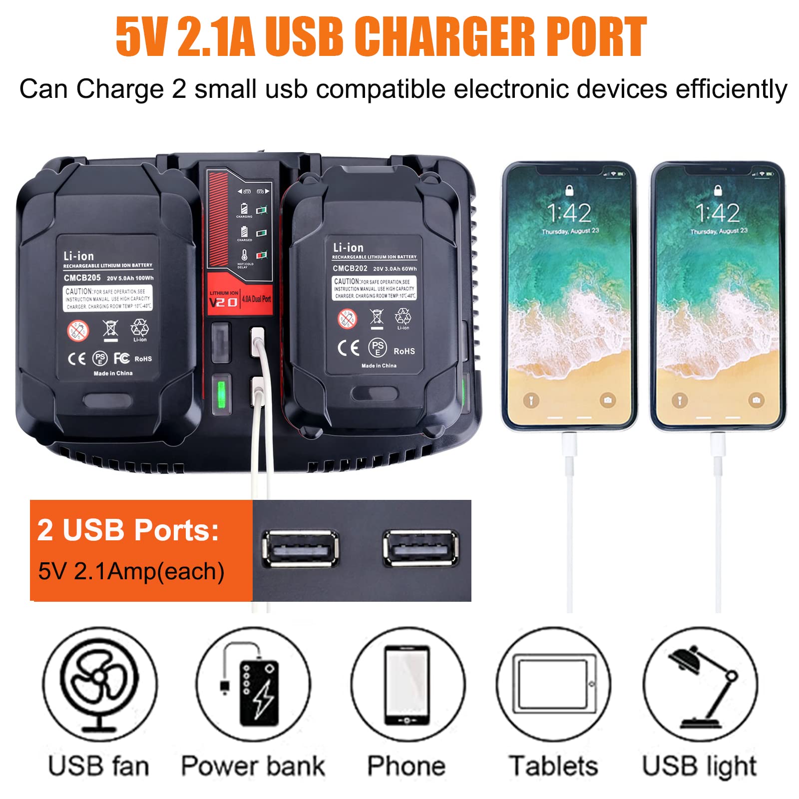 Gonocop Cmcb124 Dual Port V20 Battery Fast Charger Replacement For Craftsman 20V Max Lithium Cmcb202 Cmcb204 Cmcb206 With 2 Usb
