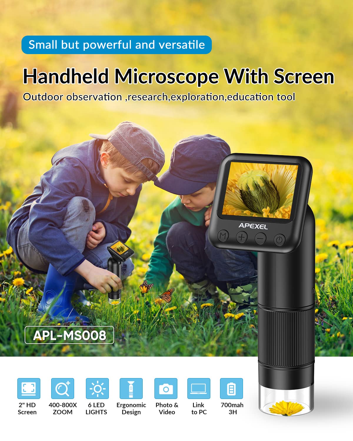 Handheld Digital Microscope, 800X Hd Digital Microscope For Adults, With 2'' Lcd Screen Pocket Microscope For Kids, Usb Lab Hand