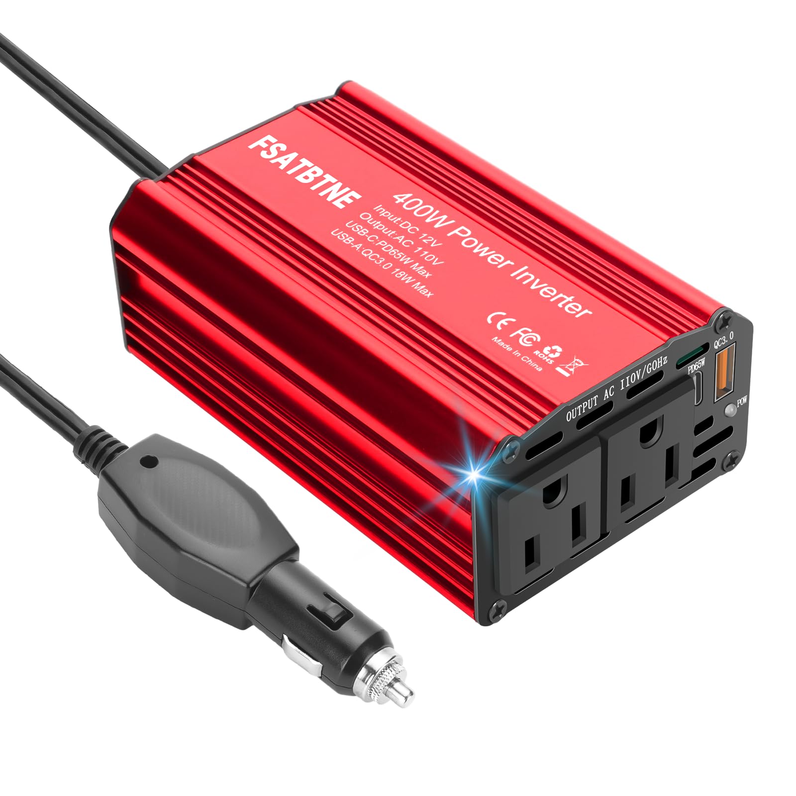 400W Power Inverter, Fsatbtne Dc 12V To 110V Ac Car Plug Adapter Outlet Converter With [65W Pd Usb C] & [18W Qc Usb A] Fast Char