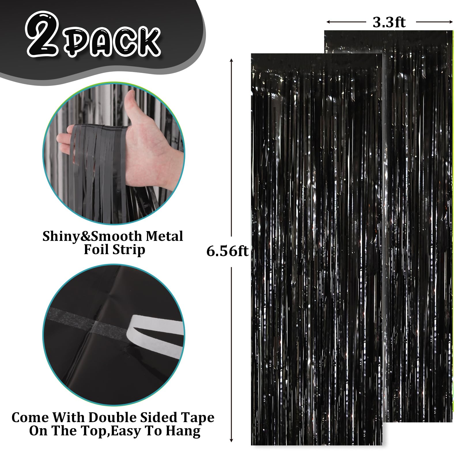 Voircoloria 2 Pack Black Tinsel Foil Fringe Curtains, Black Party Decorations, Metallic Tinsel Party Streamers Backdrop For Birt