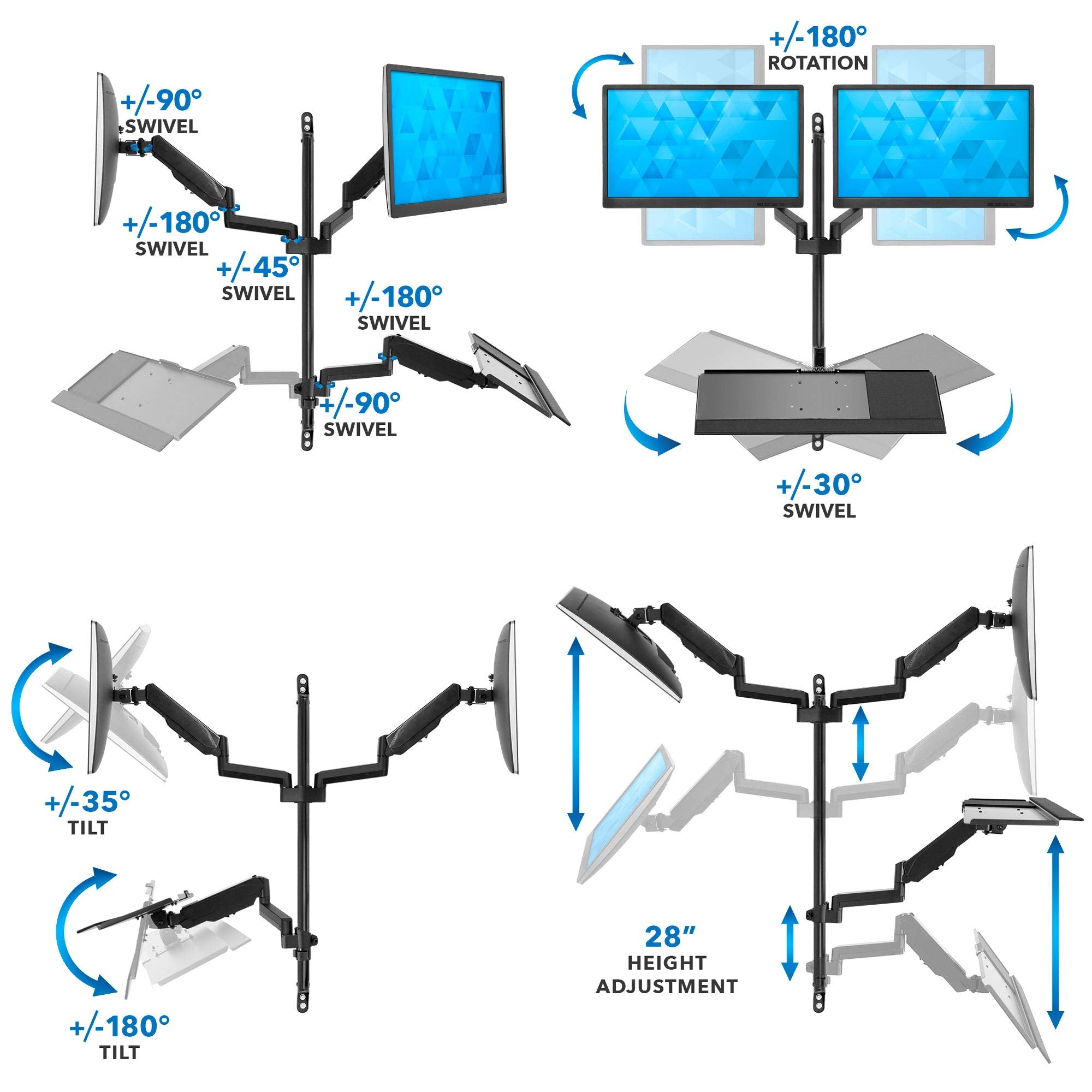 Mount It! Wall Mount Workstation with Dual Monitor Mount, Keyboard Tray and CPU Holder, Height Adjustable Full Motion Arms, Fits Two 32 Inch Computer Screens