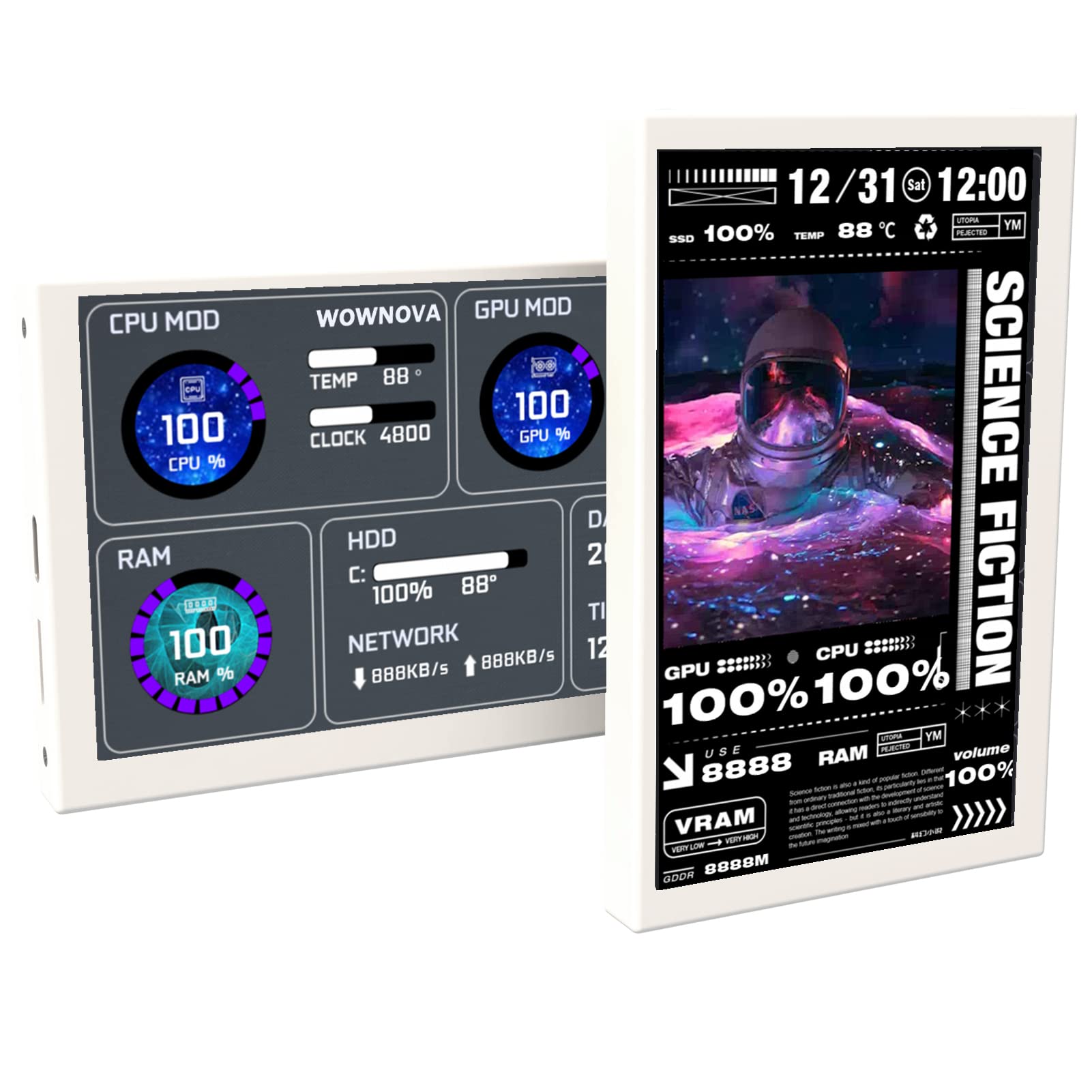 Wownova 5'' Computer Temp Monitor (Dynamic Theme Supported), Pc Temperature Display, Pc Sensor Panel For Pc Argb Computer Case, 