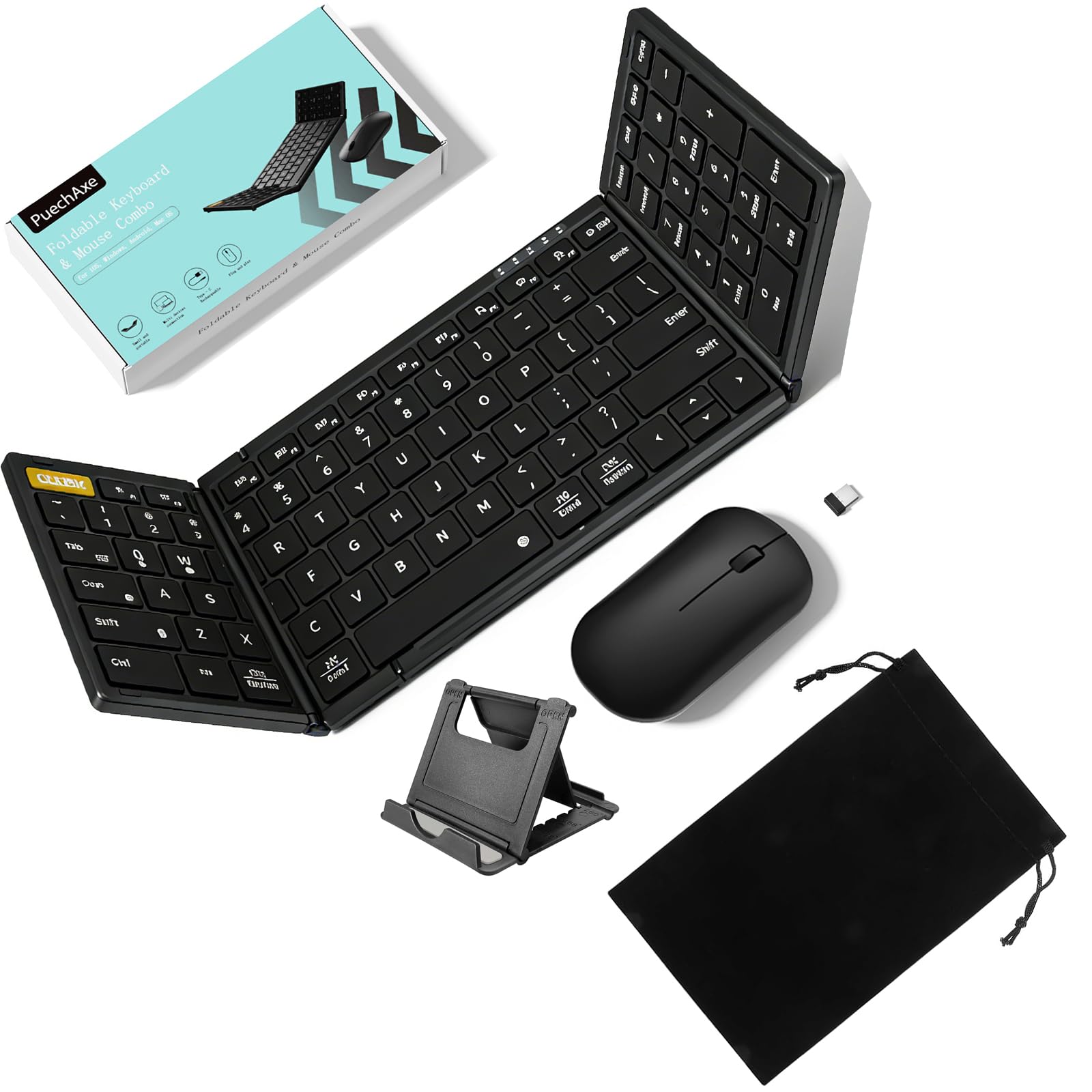 PuechAxe Foldable Keyboard and Mouse with Travel Bag, Full-Size Portable Folding Wireless Keyboard Mouse Combo, 2.4G+BT5.0 x 2, 