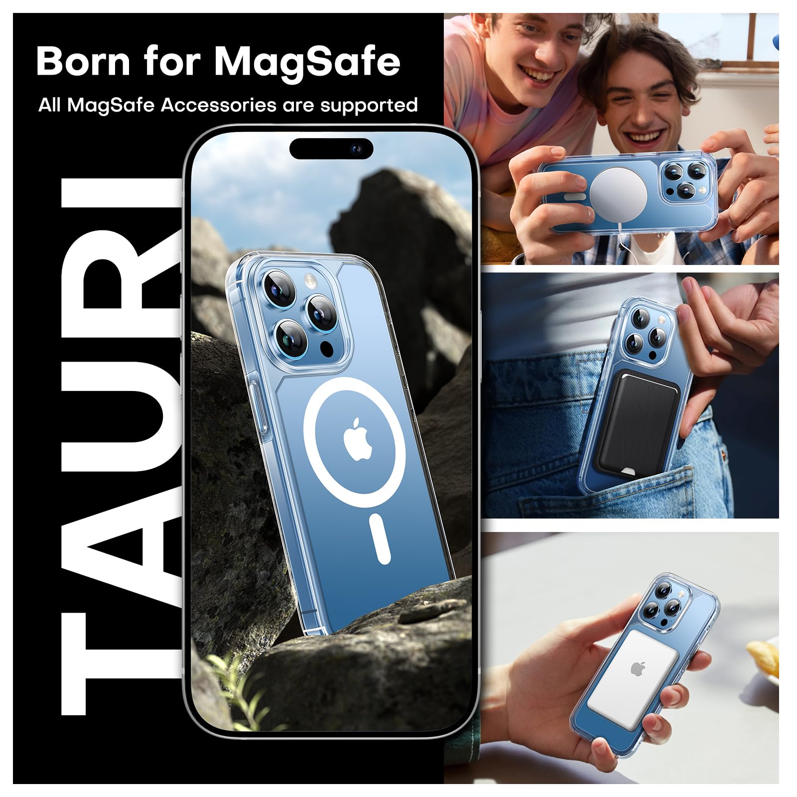 Tauri 3 In 1 Magnetic For Iphone 13 Pro Case Clear, With 2X Hd Screen Protector, 12 Ft Drop Protection, Compatible With Magsafe