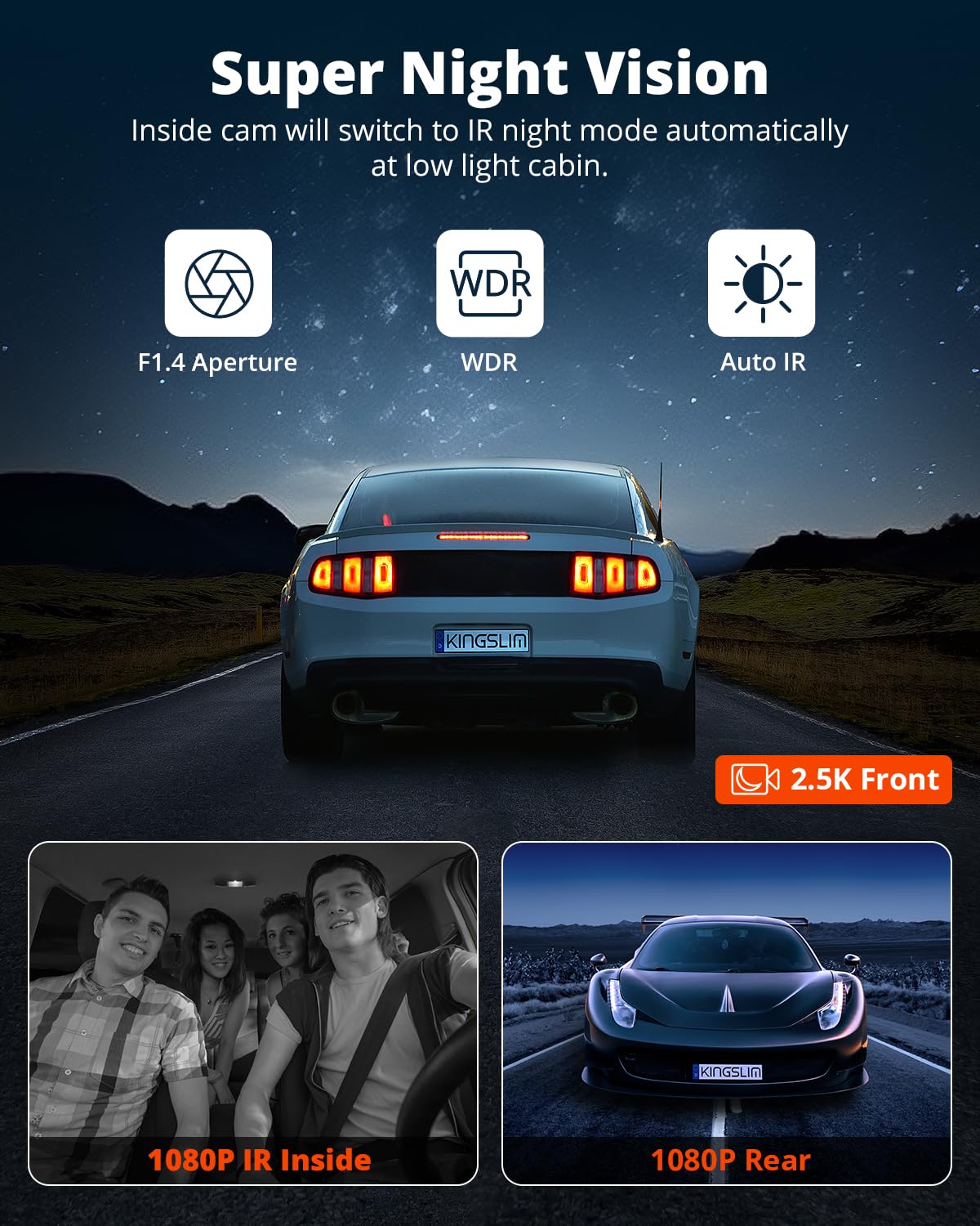 Kingslim 3 Channel 5G Wifi Dash Cam With 64Gb Card, 2.5K/1080P Front And Rear Inside Dashcam, 2.5K/1080P/1080P Three Way Dash Ca