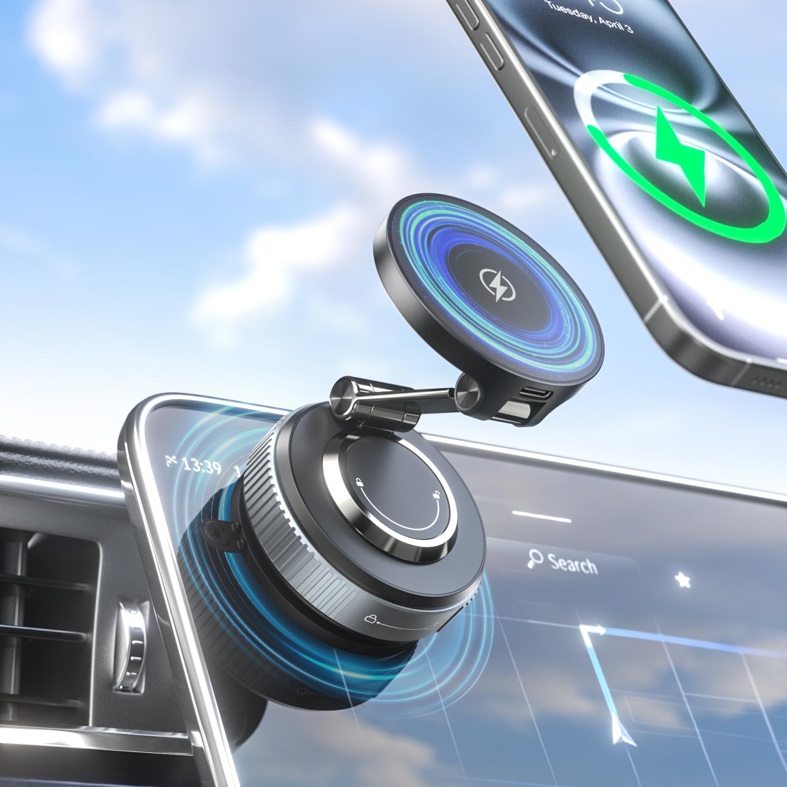 CloudValley 15W Magnetic Wireless Car Charger Mount, Nano Gel Vacuum Suction Cup Phone Holder for Dashboard & Windshield, Foldab