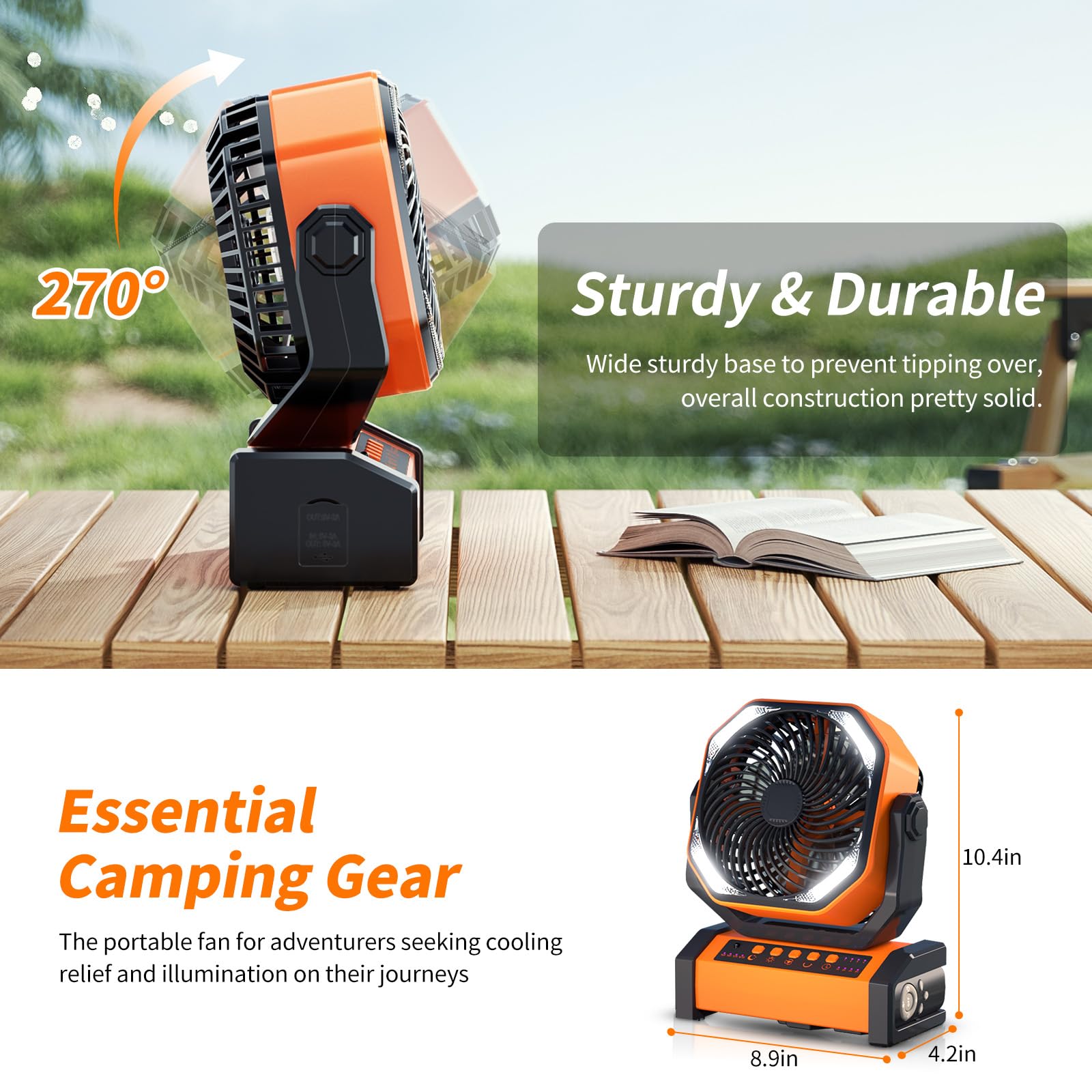 Camping Led Fan With Light, 20000Mah Rechargeable Battery Powered Outdoor Tent Fan With Light And Hook, 4 Speed, Personal Usb De