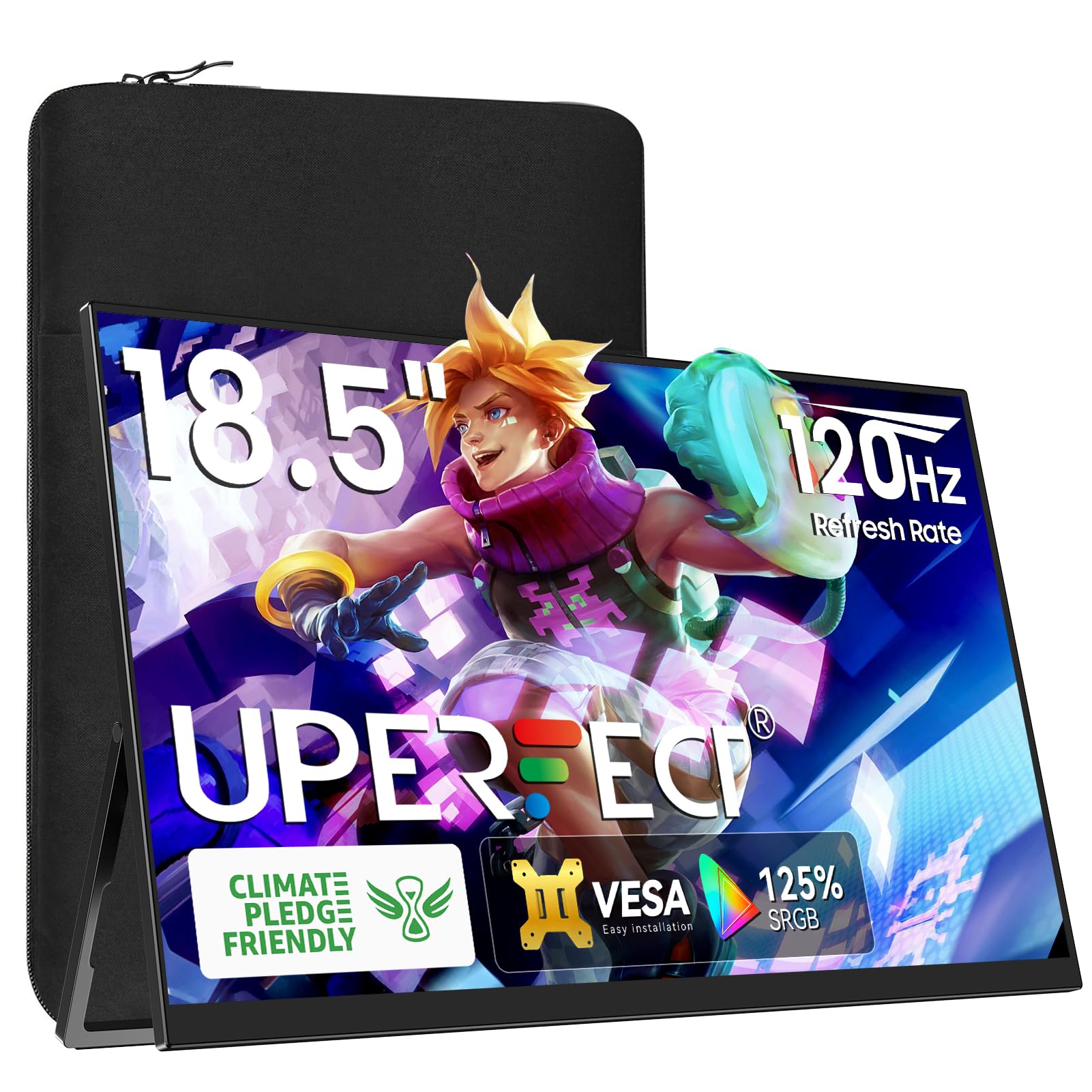 Uperfect Portable Monitor 18.5 Inch 120Hz 100% Srgb 1080P With Vesa & Stand 180� Adjustable Ultra Slim & Lightweight Frameless Fhd Freesync Ips Hdr Gaming Display, Travel Second Monitor For Laptop