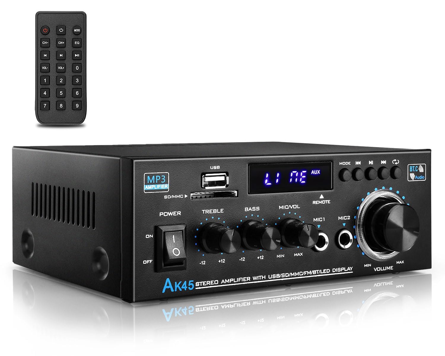 AK45 Home Audio Power Amplifier with Bluetooth, 100Wx2 Audio Stereo Receiver, Home Amplifiers w/FM Radio USB, AUX, RCA, SD for H