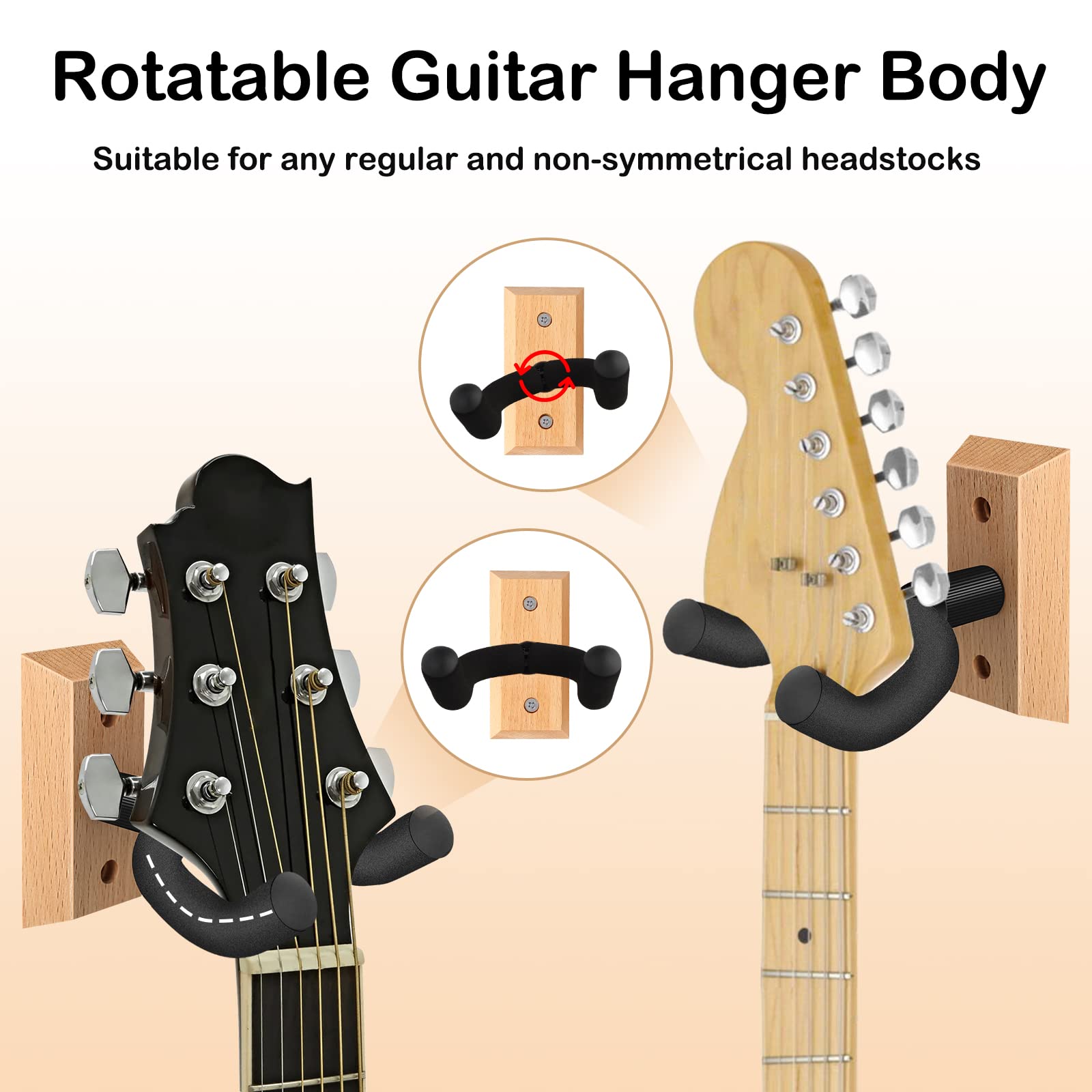 Dommi Guitar Wall Mount 4 Pack, Guitar Hanger With Rotatable Soft Hook For All Size Guitars, Hardwood U Shaped Guitar Holder Wal