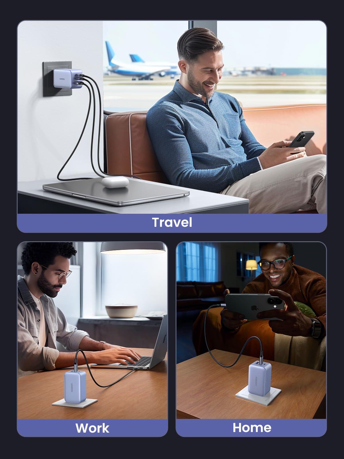 Ugreen 65W Usb C Charger, Nexode 3 Ports Gan Fast Charger Block, Compact Foldable Charger For Macbook Pro/Air, Dell Xps, Iphone