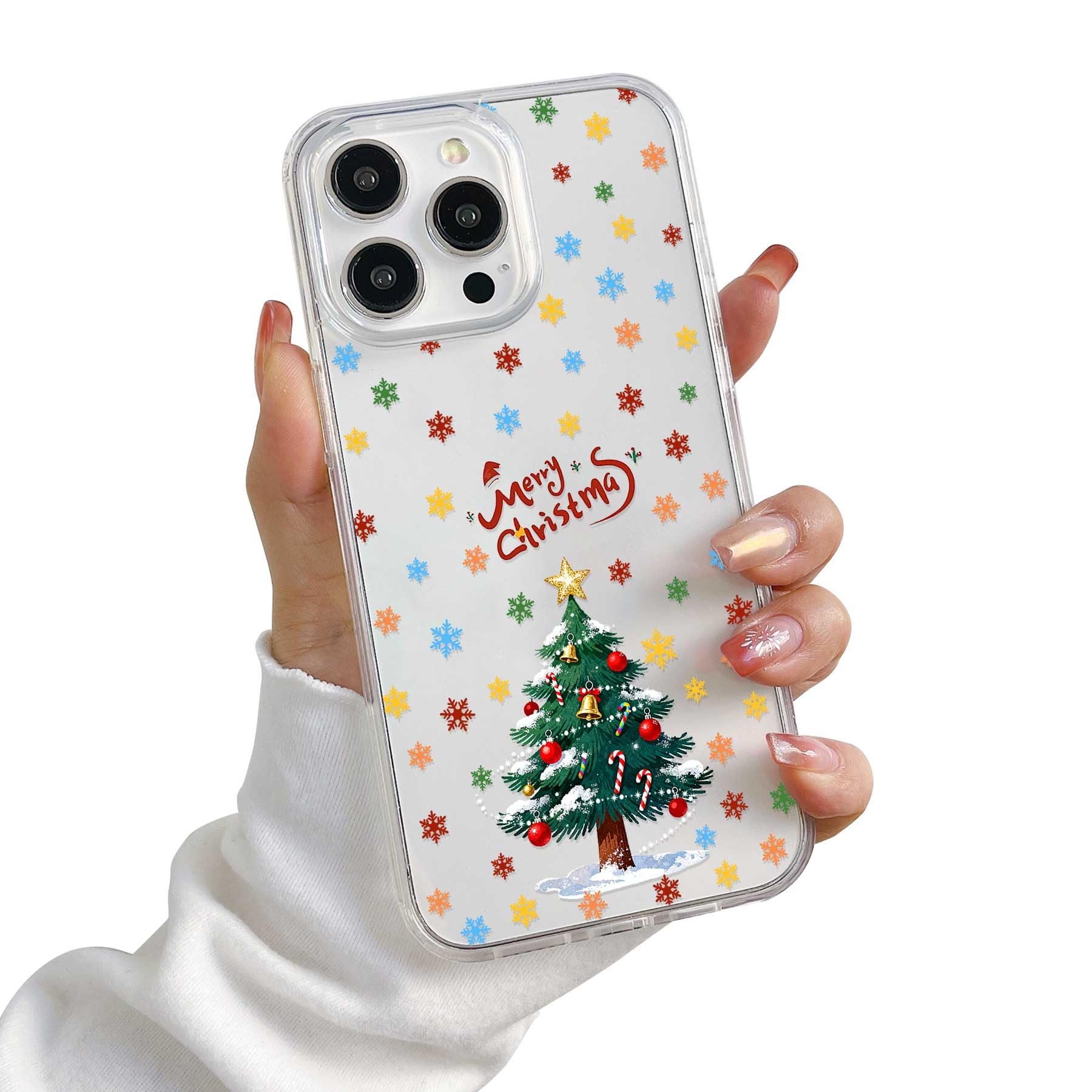 Yetagso Christmas Phone Case for iPhone 15 Pro,Clear TPU Bumper Hard PC Back Merry Christmas Pattern Phone Cover,Green Xmas Tree