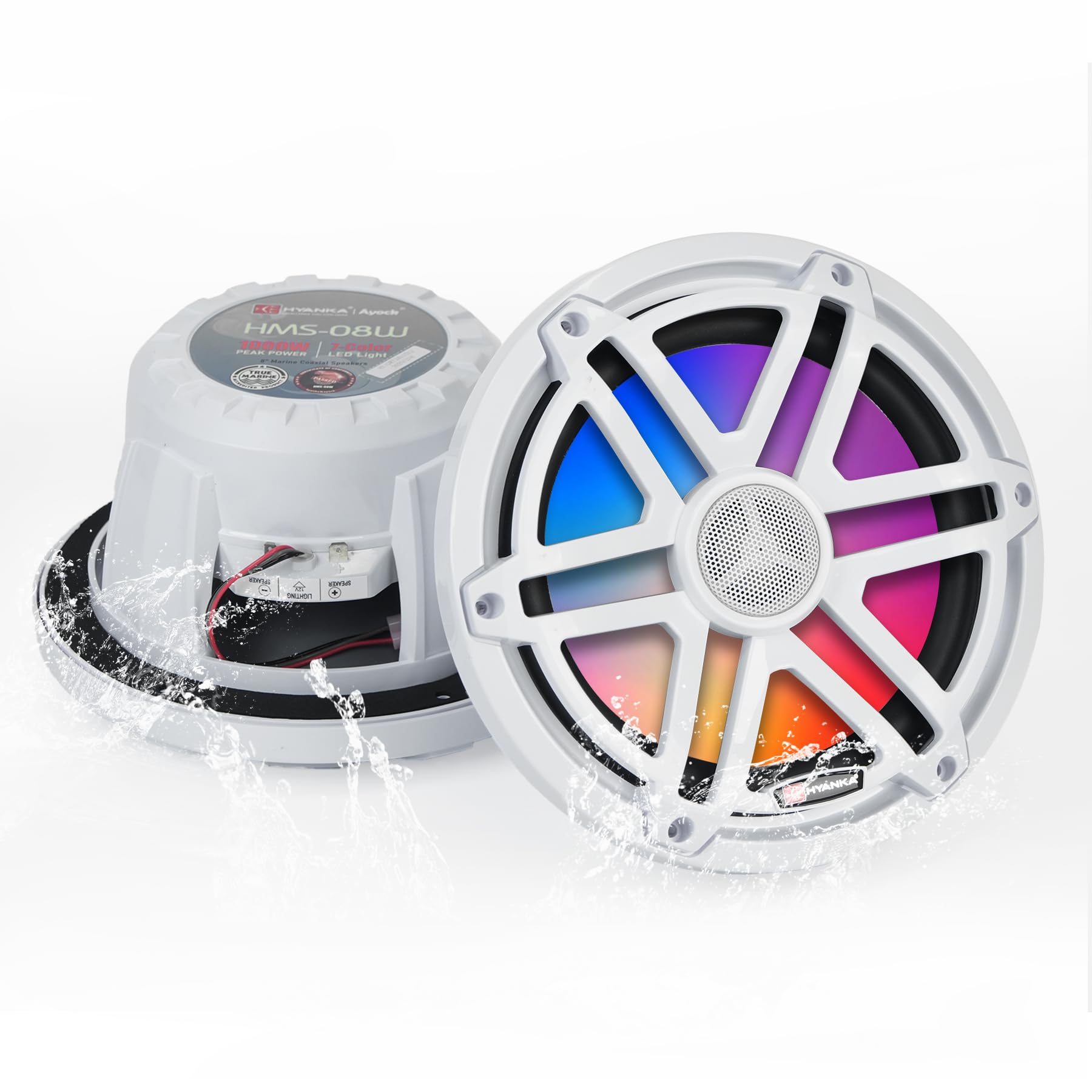 H YANKA HMS-08W 8 Marine Speakers - 1000W 2-Way IP67 Waterproof Boat Stereo System with LED Lights, High-Fidelity Coaxial Speake