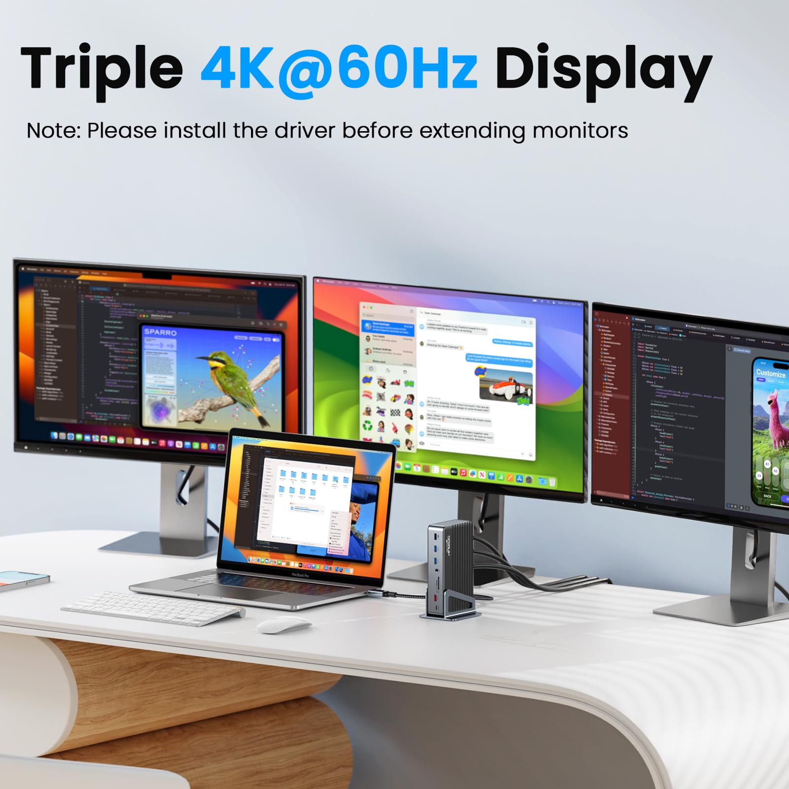 4Urpc Displaylink Docking Station Triple 4K Monitor With 120W Power Adapter, Laptop Dock For Macbook Pro/Air, Thunderbolt 4/3, U