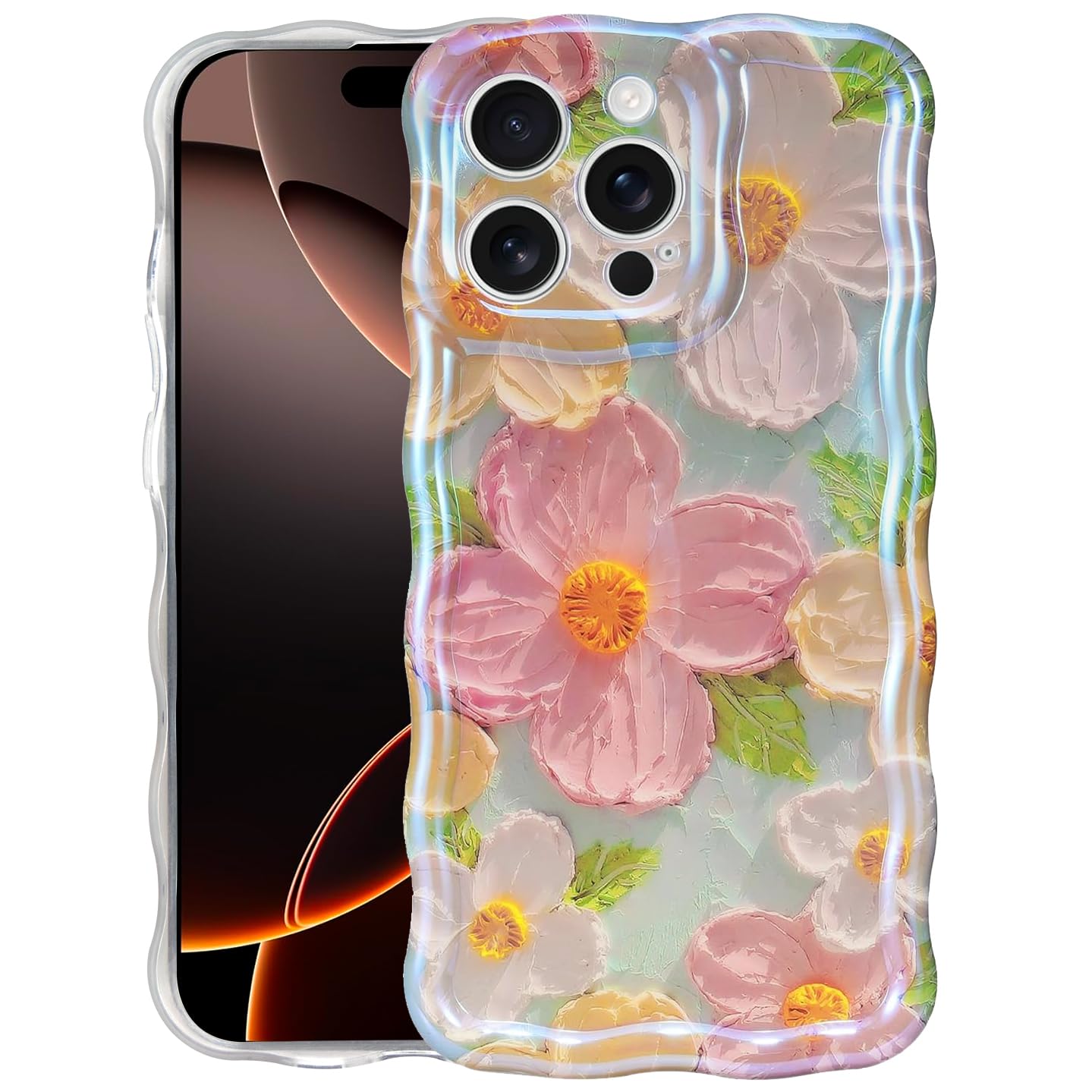 Mouzor Cute Case Compatible With Iphone 16 Pro Max, Colorful Retro Oil Painting Printed Flowers Case, Floral Laser Beam Glossy P