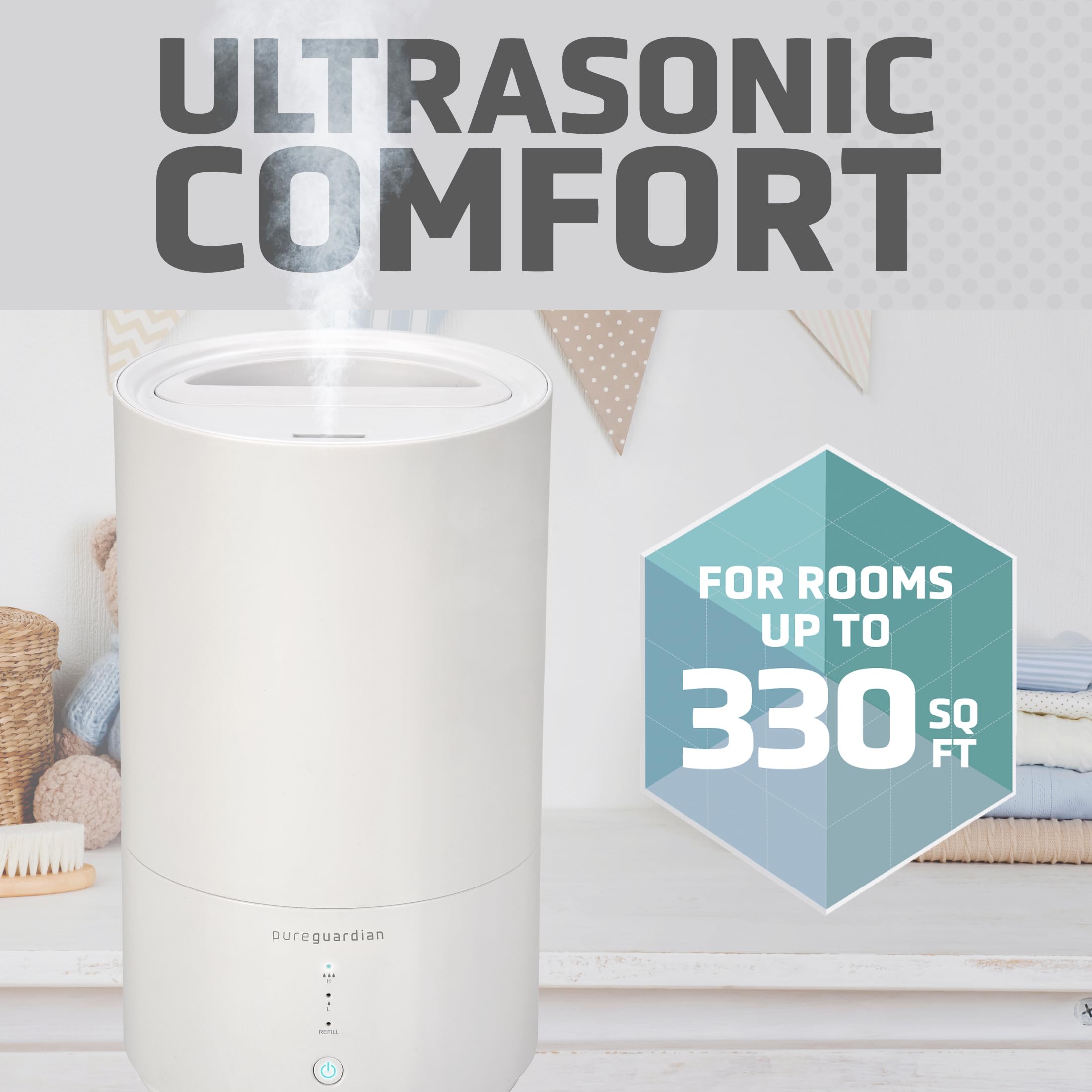 Pureguardian 30 Hour 0.80 Gal. Top Fill Cool Mist Ultrasonic Humidifier For Home With Aromatherapy Tray, Covers 320 Sq. Ft, Whit