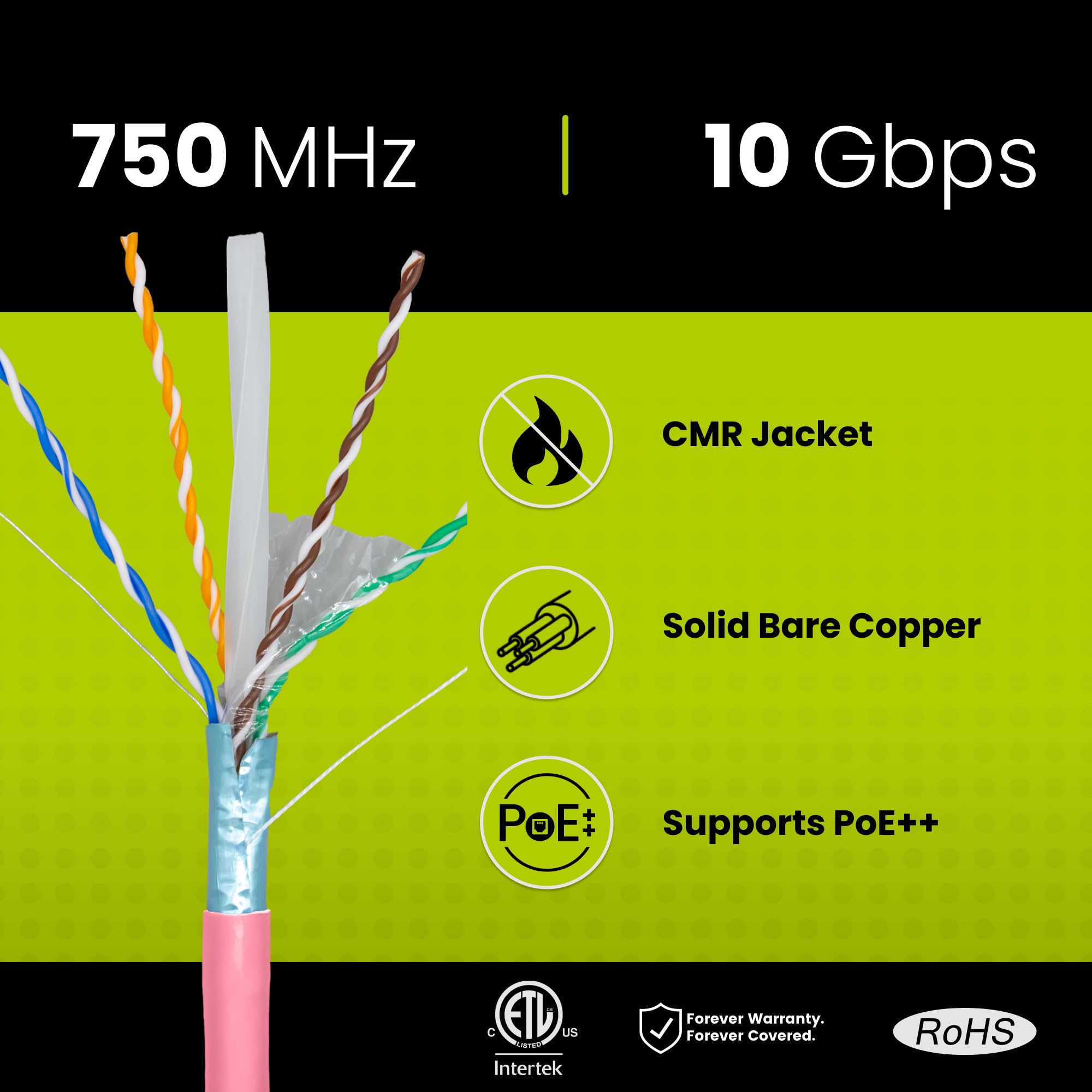 Truecable Cat6A Shielded Riser (Cmr), 1000Ft, Pink, 23Awg Solid Bare Copper, 750Mhz, Poe++ (4Ppoe), Etl Listed, Overall Aluminum Foil Shield (F/Utp), Bulk Ethernet Cable