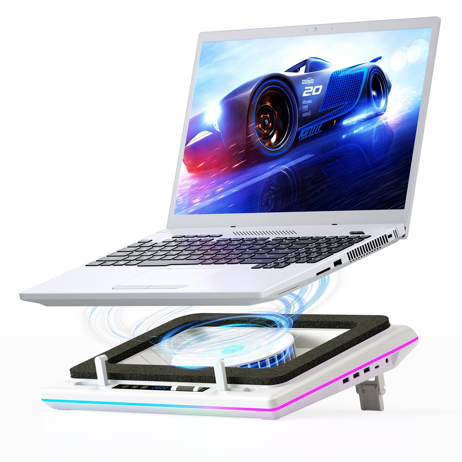 Llano Rgb Laptop Cooling Pad, White, Powerful Turbofan, Quiet Cooling, Touch Control, Lcd Screen, Seal Foam, 15 19In Laptops