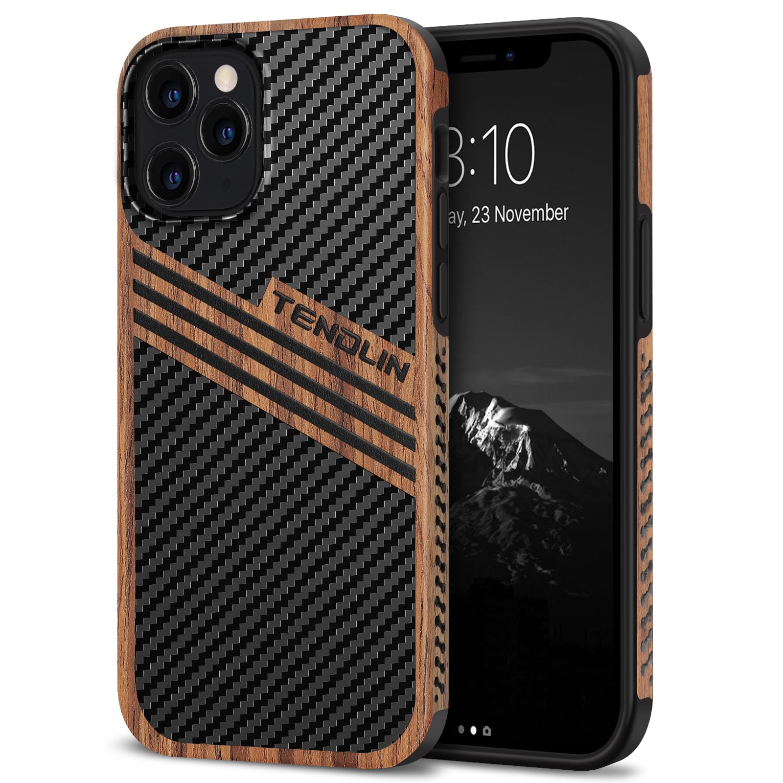 TENDLIN Compatible with iPhone 12 Pro Max Case Wood Grain with Carbon Fiber Texture Design Leather Hybrid Slim Case (Three Strip