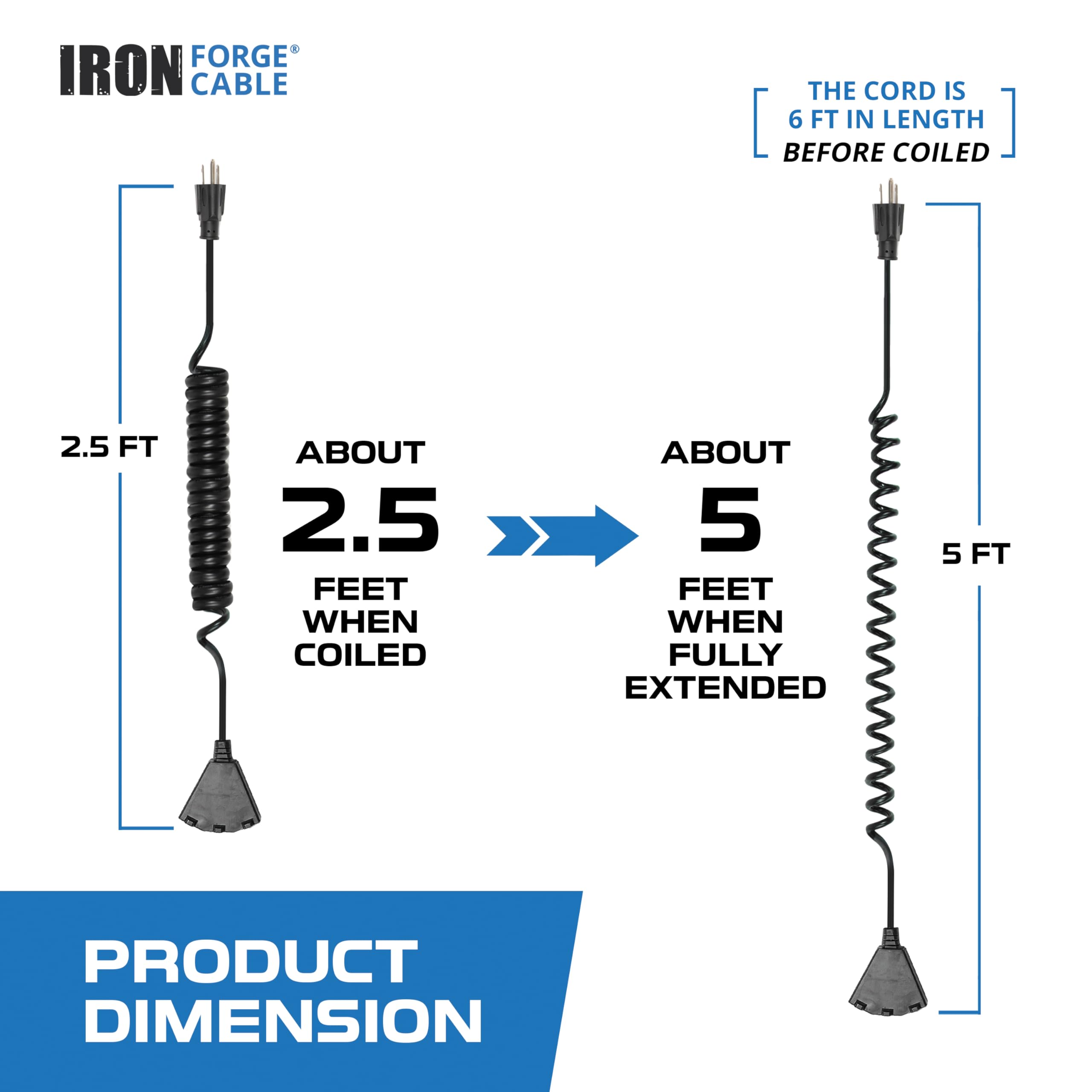 Iron Forge Cable 3 Outlet Black Outdoor Coiled Extension Cord 6 Ft, 16/3 Sjeow Oil Resistant & Flame Retardant Power Cord 13 Amp