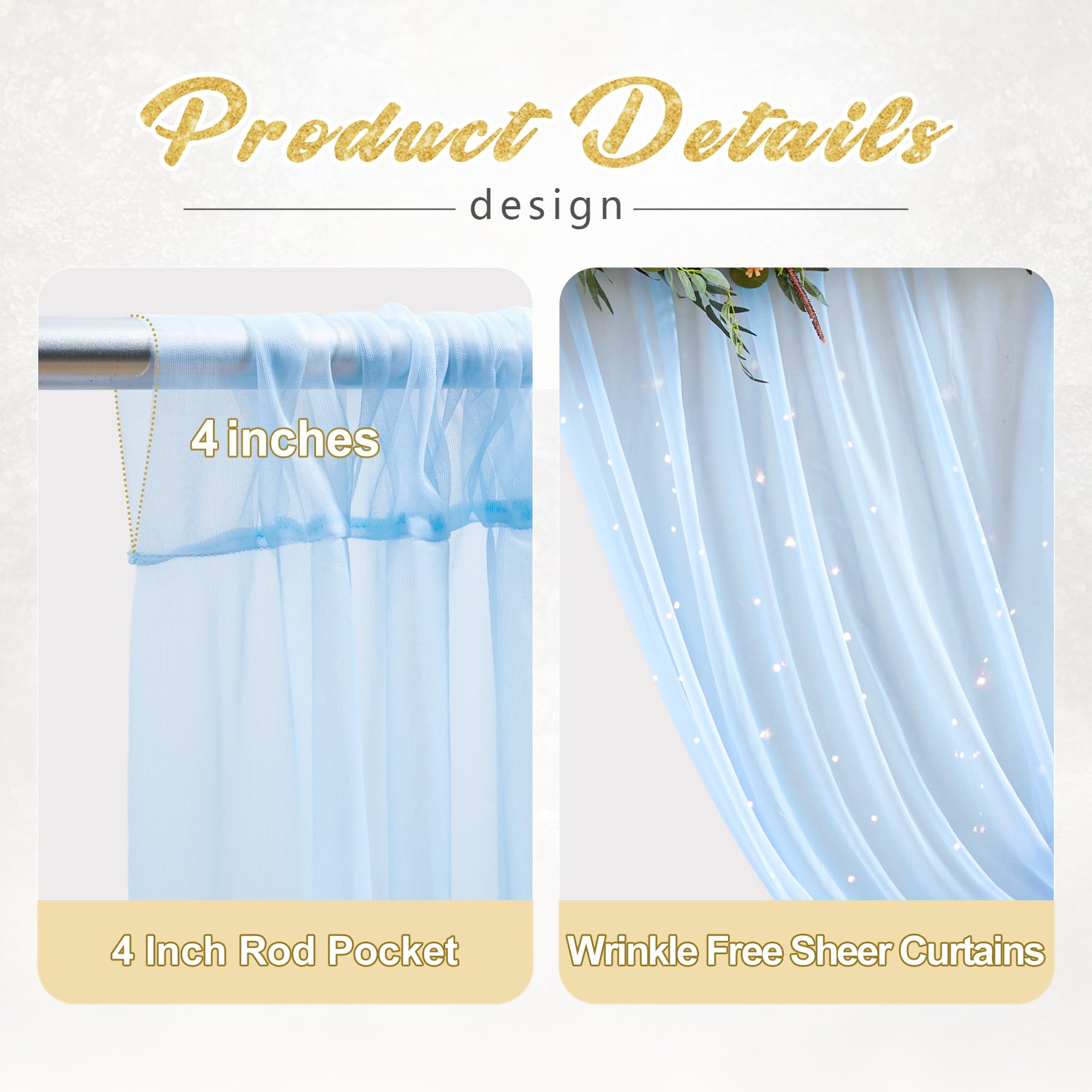 20X10Ft Baby Blue Tulle Backdrop Curtain With Lights String For Parites, Sheer Photo Backdrop Curtains With Lights For Wedding B