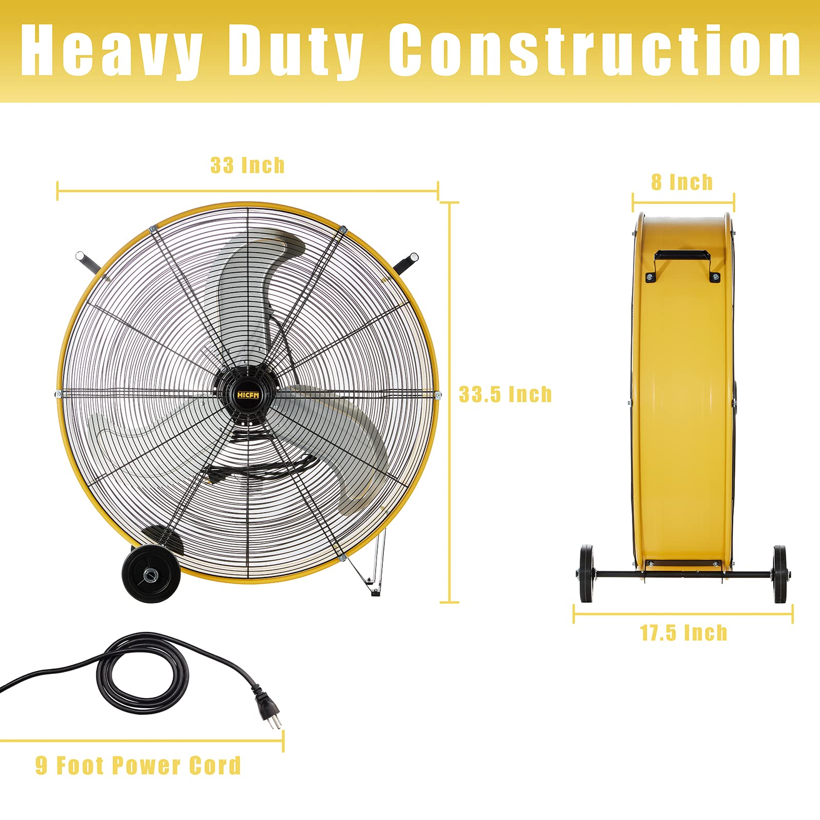 Hicfm 13000 Cfm 30 Inch Heavy Duty High Velocity Barrel Floor Drum Fan With Powerful 1/3Hp Motor, 9Ft Cord, 5In Solid Wheels For