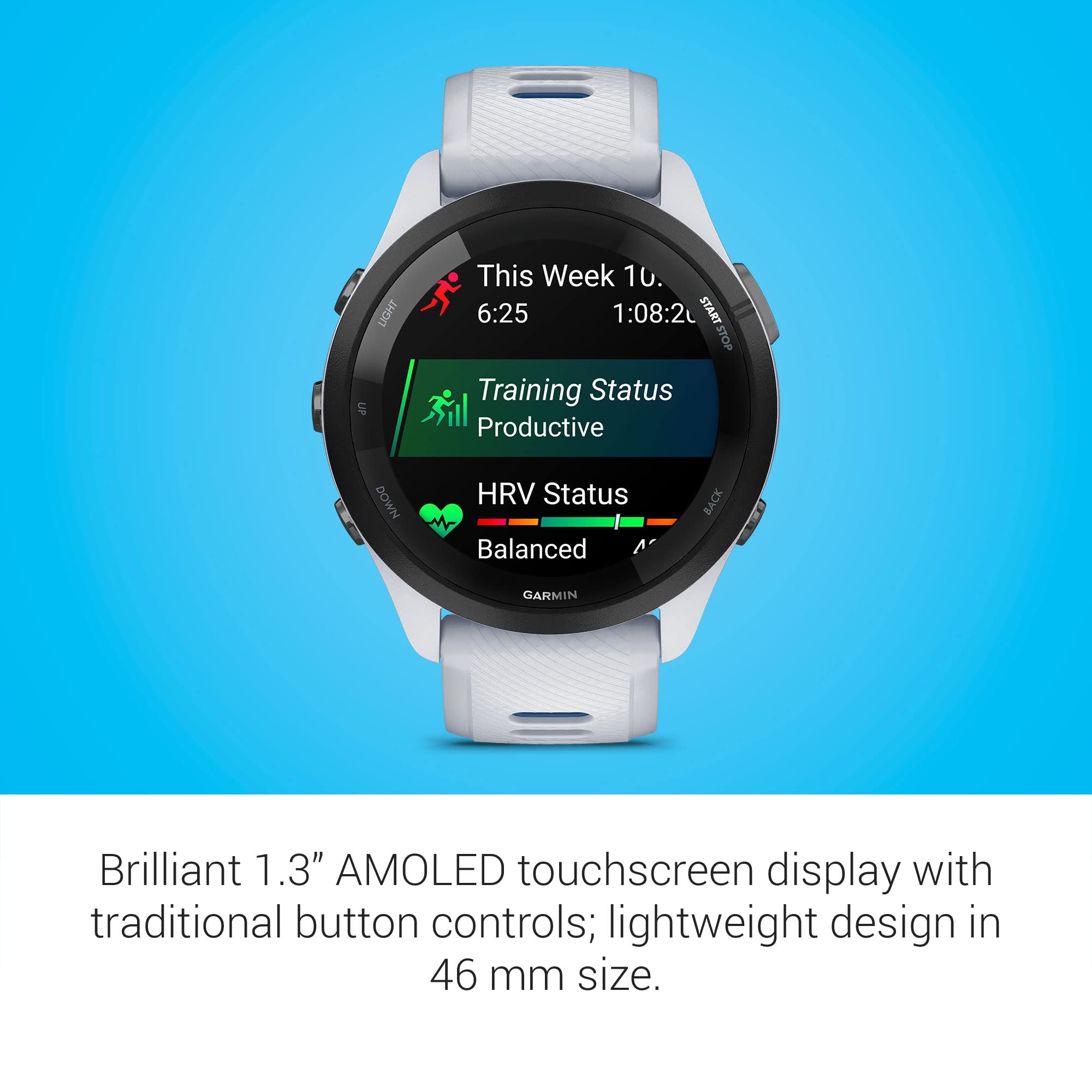 Garmin Forerunner 265 Running Smartwatch, Colorful Amoled Display, Training Metrics And Recovery Insights, Whitestone And Tidal