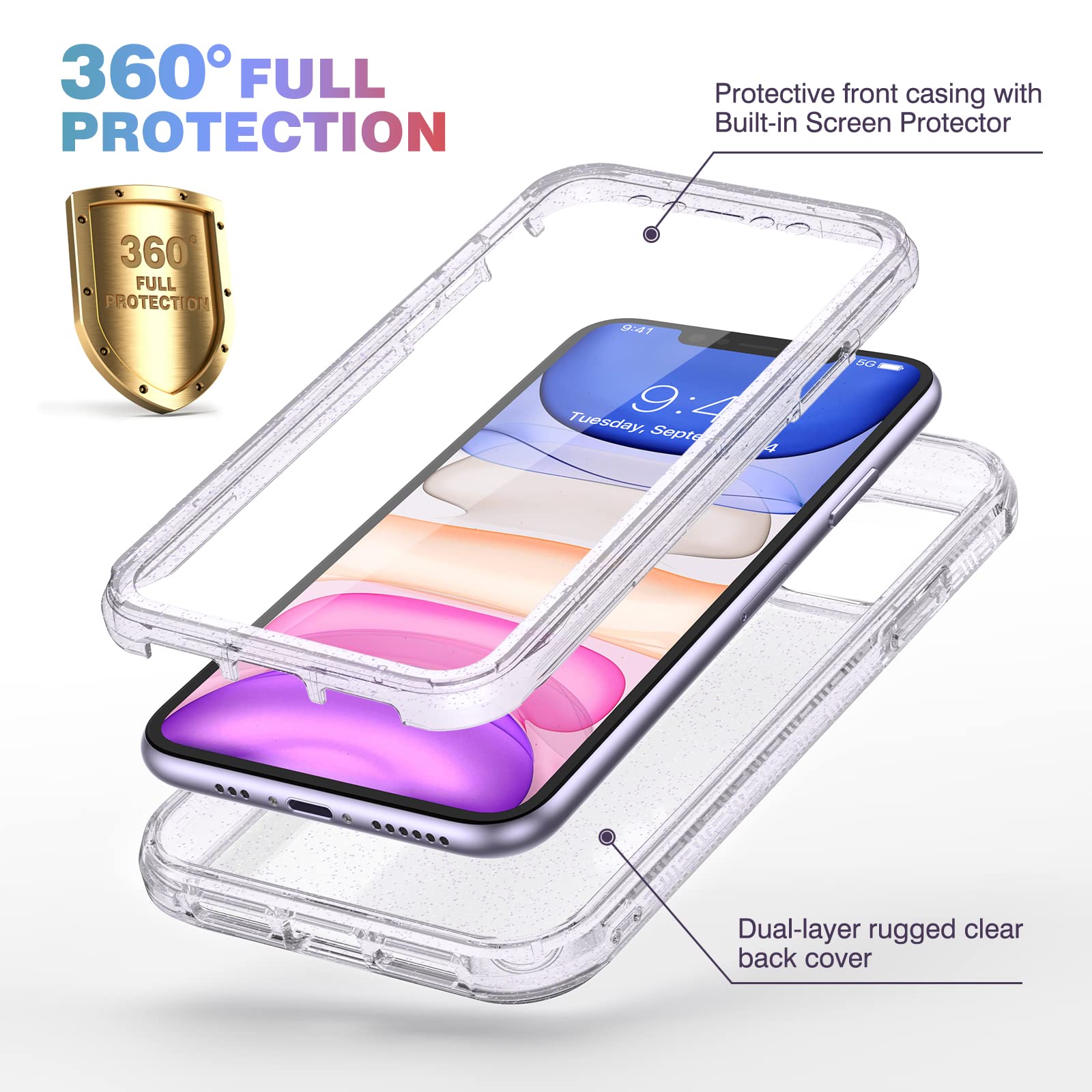 Diaclara Compatible With Iphone 11 Case, Full Body Rugged Case With Built-In Touch Sensitive Anti-Scratch Screen Protector, Soft