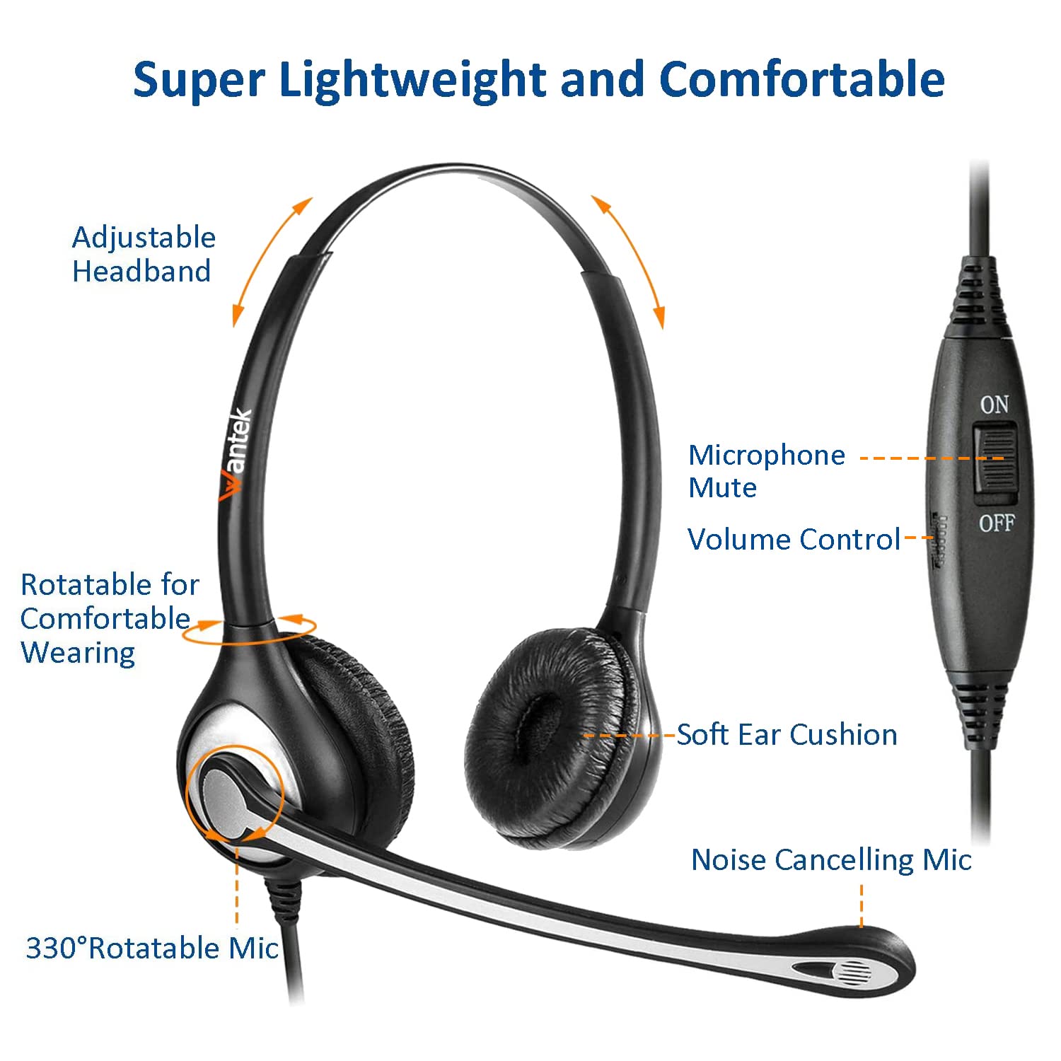 Telephone Headset With Microphone Noise Cancelling, Rj9 Phone Headset Compatible With Volume Adjustment Mute Control Switch For