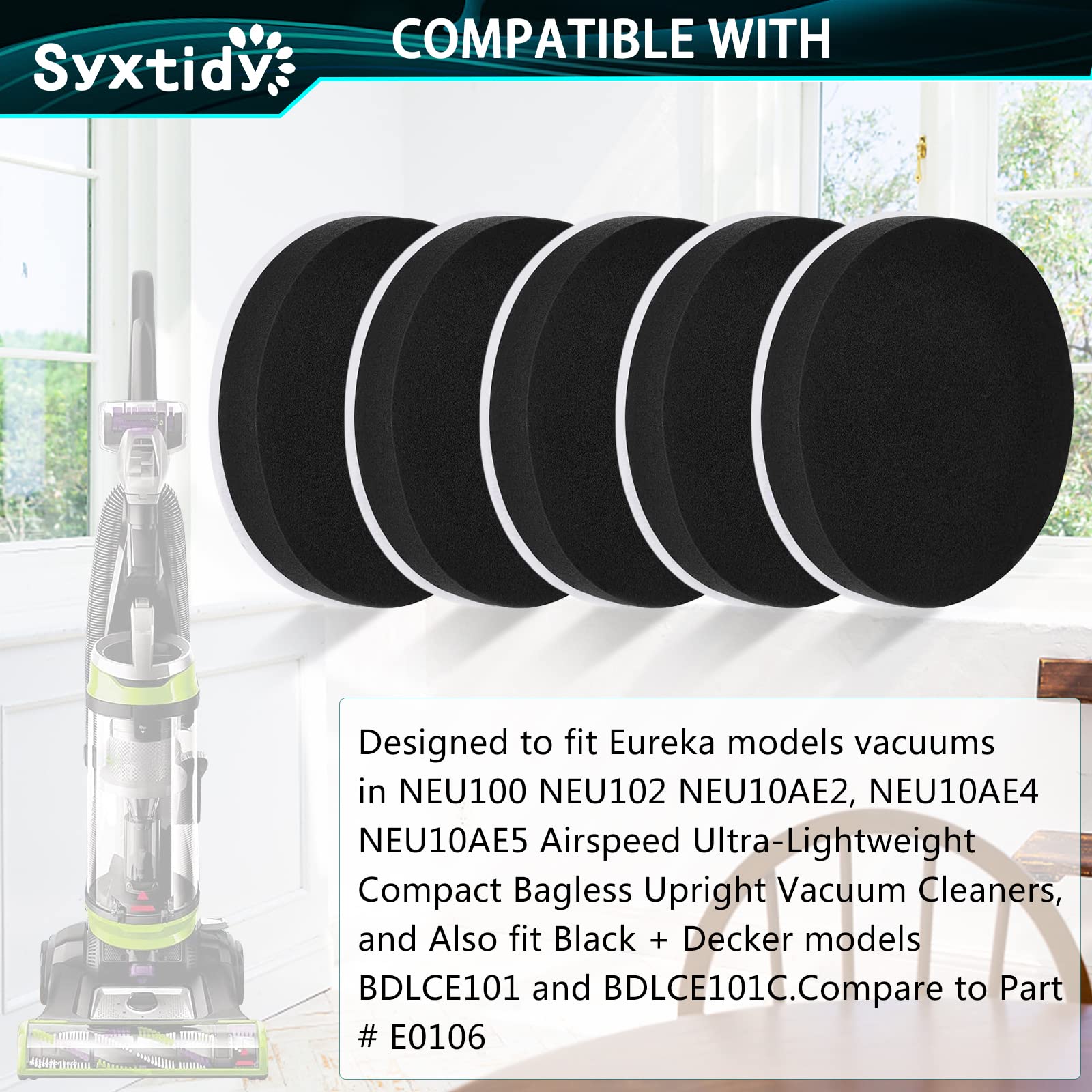 Pre Motor Filter For Eureka Neu100 Neu10Ae4 Neu102 Neu10Ae2 Neu10Ae5 Air Speed Vacuum, Part # E0106,5 Pack,White