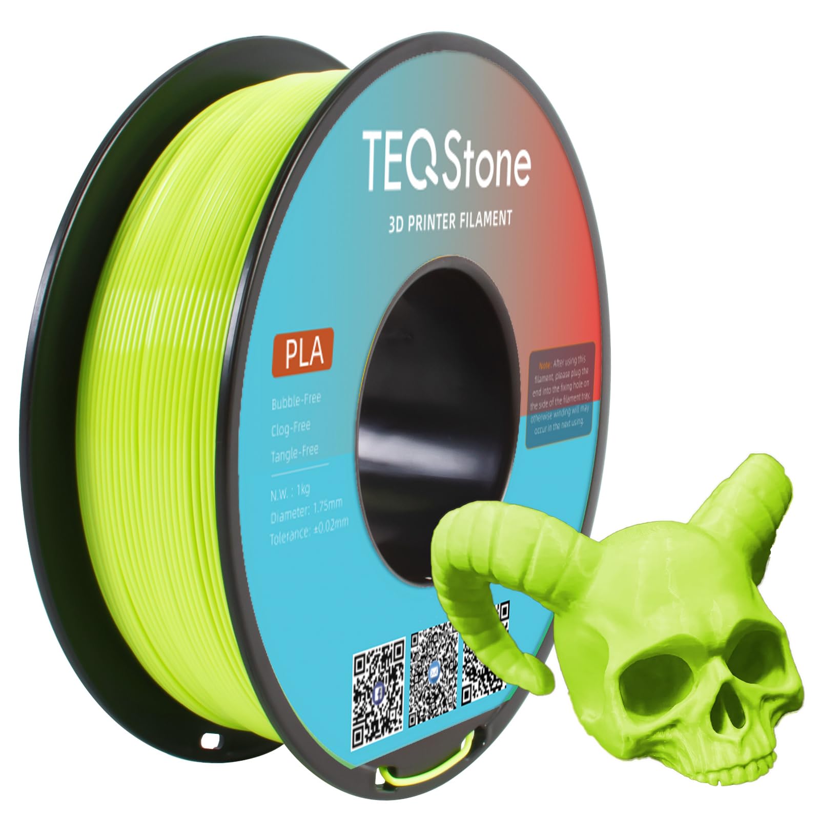 TEQStone PLA Filament 1.75mm Neon Green 1KG Perfectly Wound Accuracy +/-0.02mm Apple Green PLA Basic 3D Printer Filament