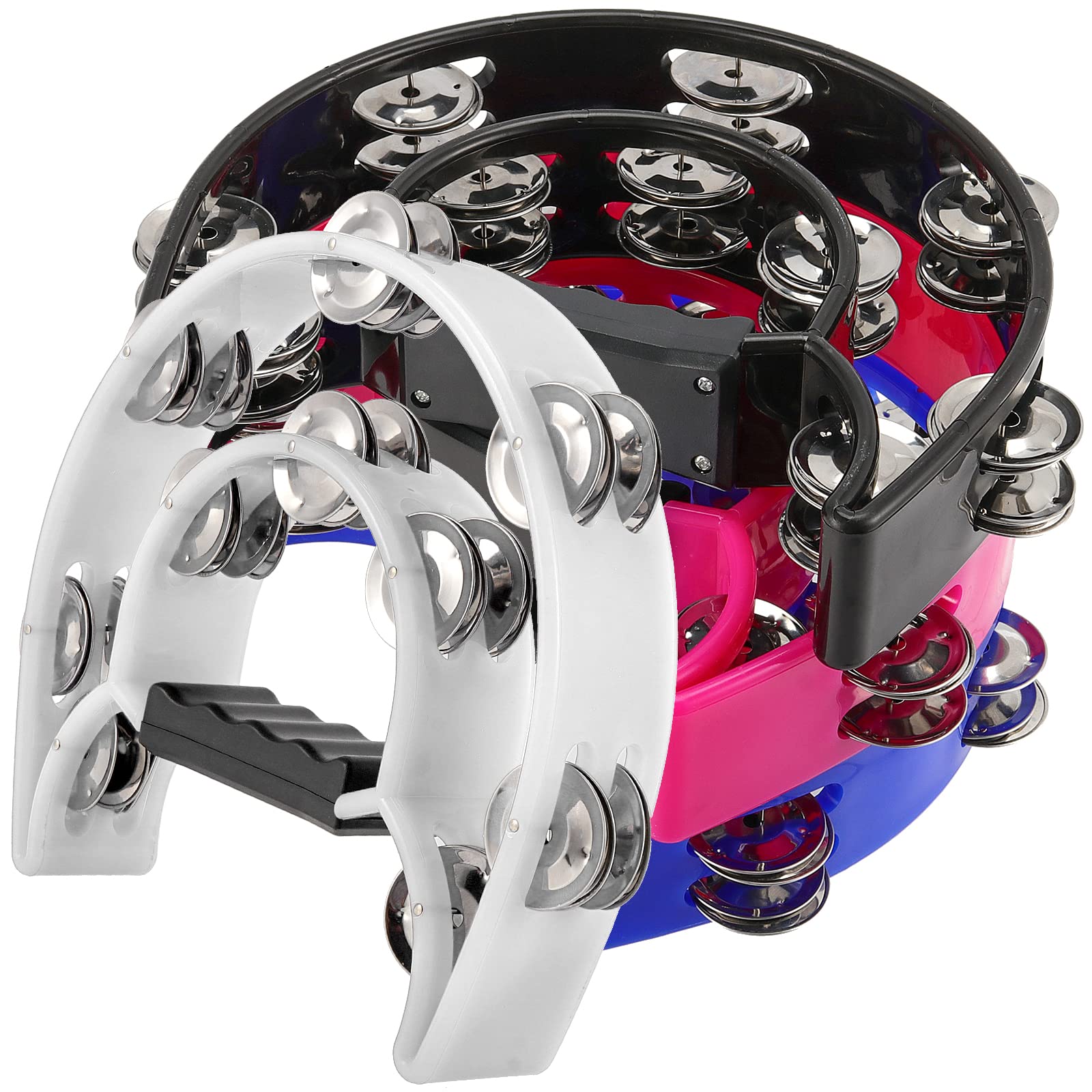 SINJEUN 4 Pack 10 Inch Double Row Tambourine, Metal Jingles Hand Held Percussion with Ergonomic Handle, 4 Colors Half Moon Music