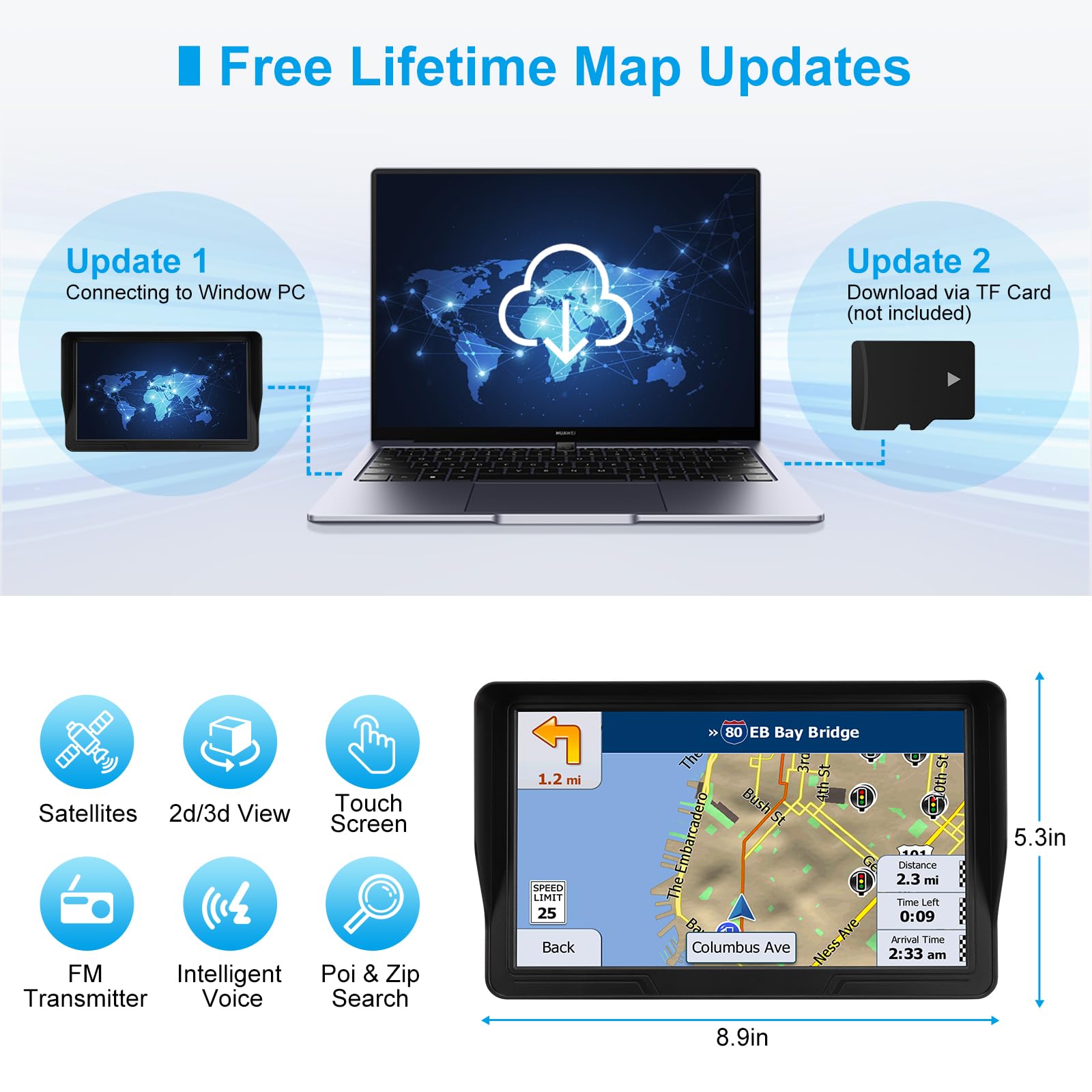 Gps Navigator For Car Truck Rv, 9 Inch Touch Screen Latest 2025 Map, Real Voice Spoken Turn By Turn Direction Reminding Navigati