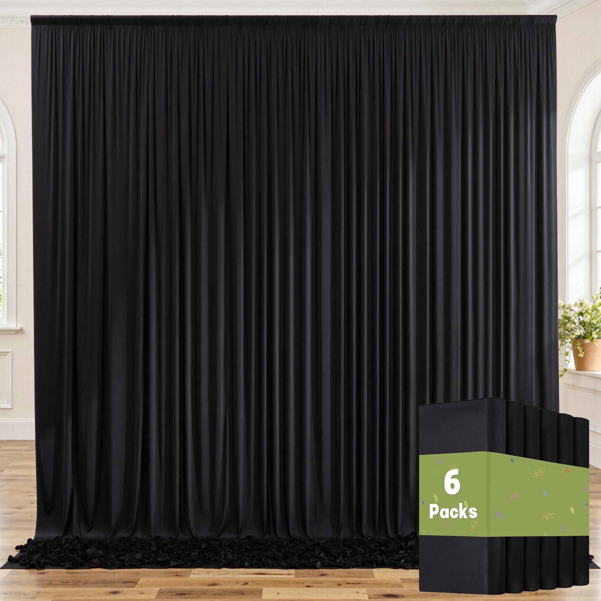30ft x 8ft Wrinkle Free Black Backdrop Curtains for Parties, 6 Panels Thick Polyester Photo Backdrop Drapes for Weddings Birthda