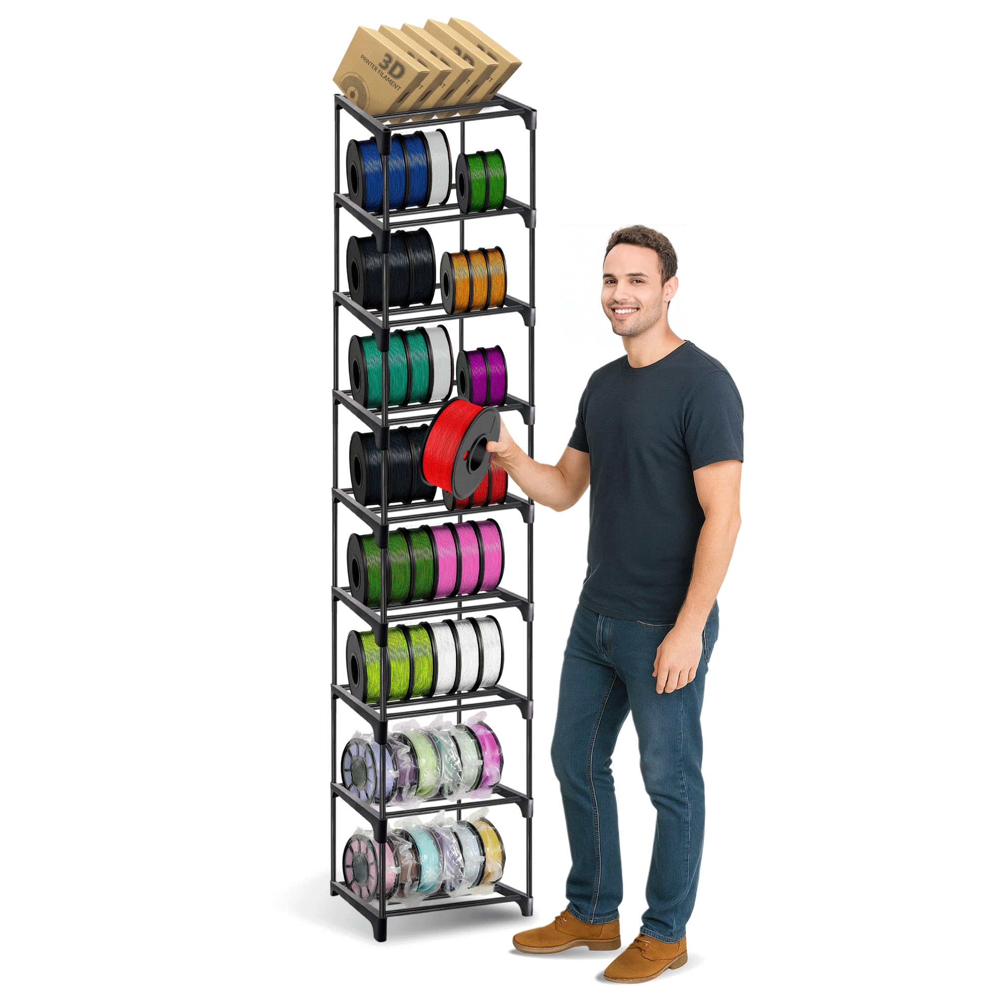 HoHpHq 9-Tier 3D Printer Filament Spool Storage Rack with Anti-Tip Kit, 3D Printing Filament Holder with Large Storage Space, St