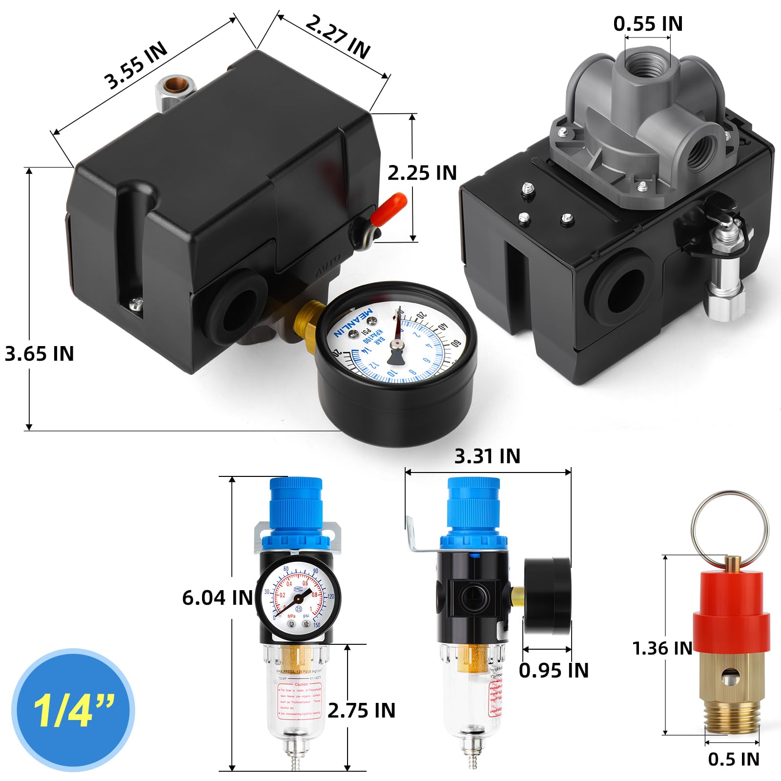 Meanlin Measure Air Compressor Pressure Switch Control Valve 95 125 Psi 110V 240V 4 Way Replacement Parts With Afr2000 Air Line
