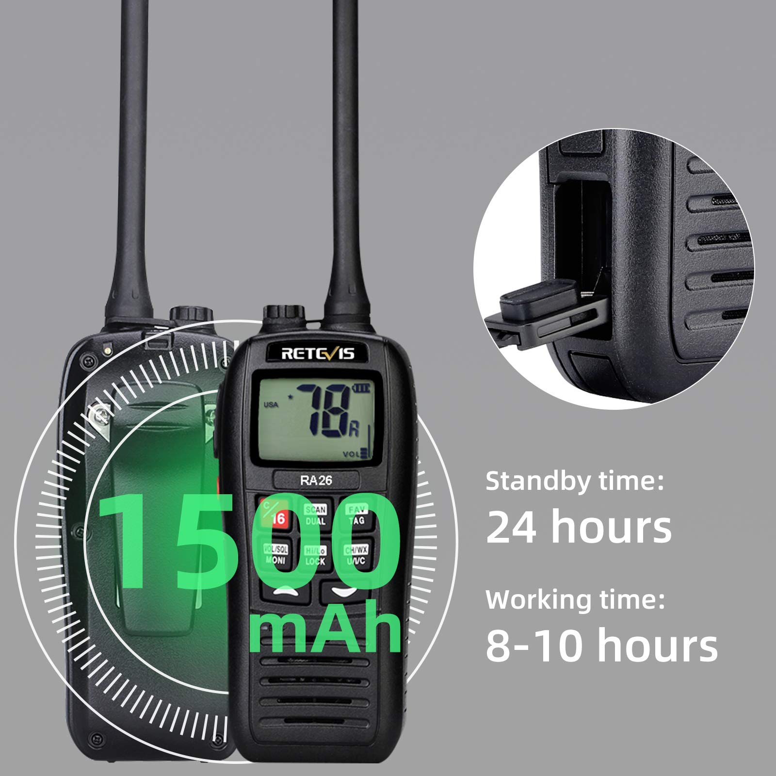 Retevis Ra26 Handheld Marine Radio,Radio Marine Floating Ip67 Submersible Waterproof,1500Mah,Usb Charging,Noaa Weather,Backlit Lcd Display,Portable Two Way Boat Marine Radio For Kayaking Jet Ski