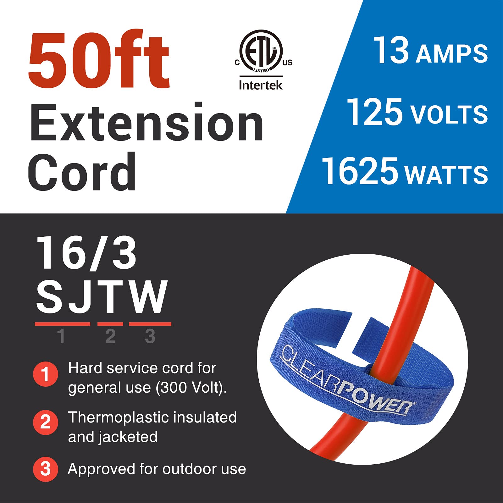 Clear Power 50 Ft Outdoor Extension Cord 16/3 Sjtw, 3 Prong Grounded Plug, Orange, Water & Weather Resistant, Flame Retardant, G