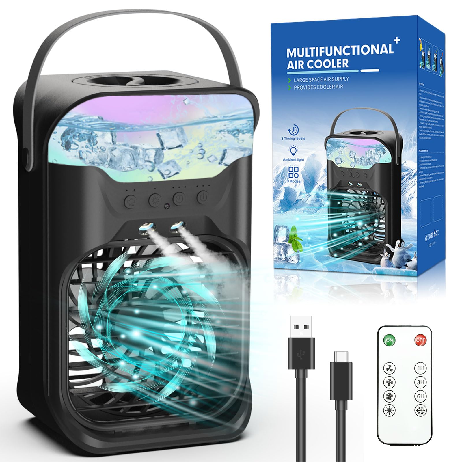 Ifty Small Portable Air Conditioners, Portable Ac Unit W/Remote, 1.5L Water Tank, 3 Speeds, 2 Cool Mist, 3 Timers, 7 Night Light