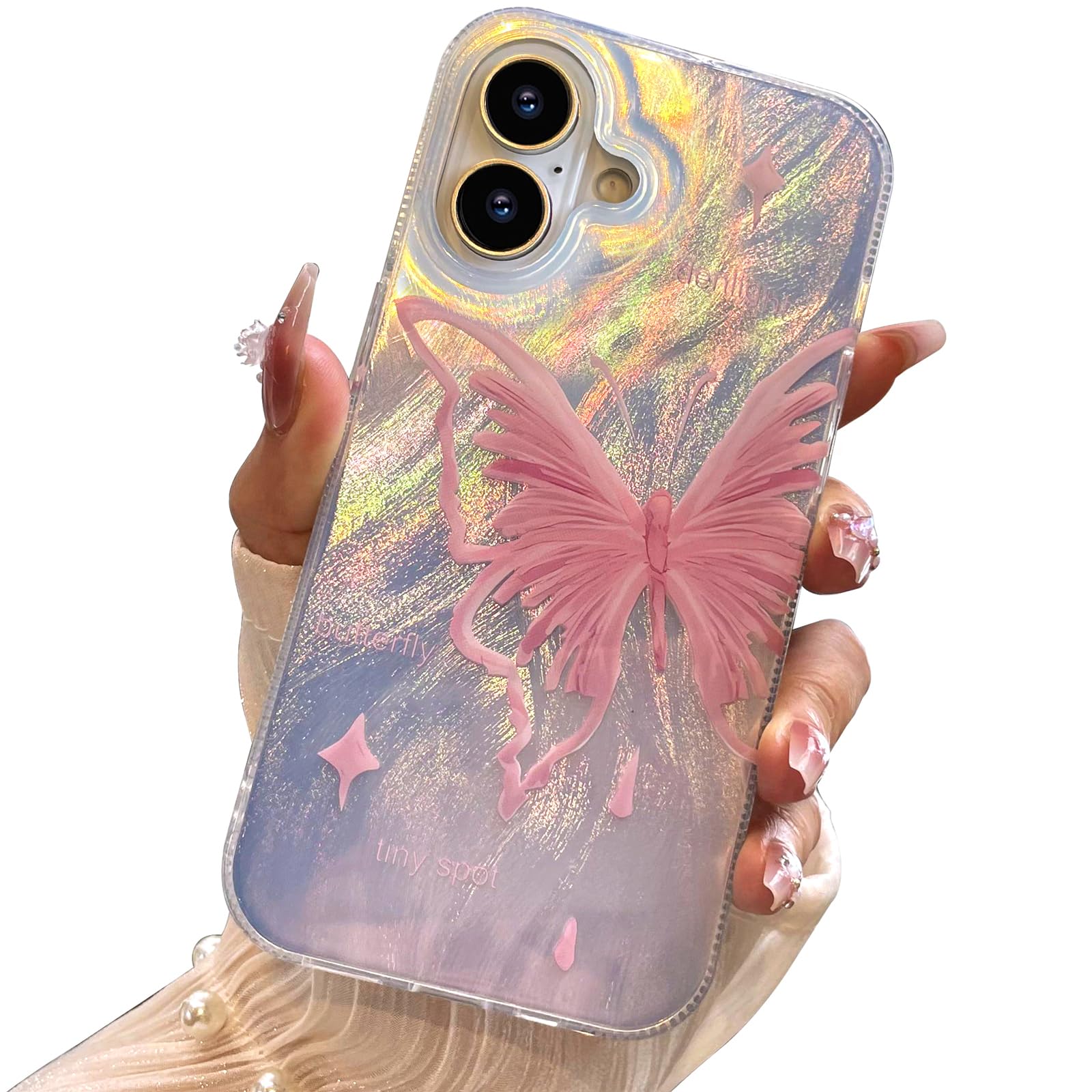 I Mgae In Ar Compact Case For Iphone 16 Plus Pale Pink Butterfly Design,Cute Trendy Soft Slim Tpu Shockproof Protective Phone Ca