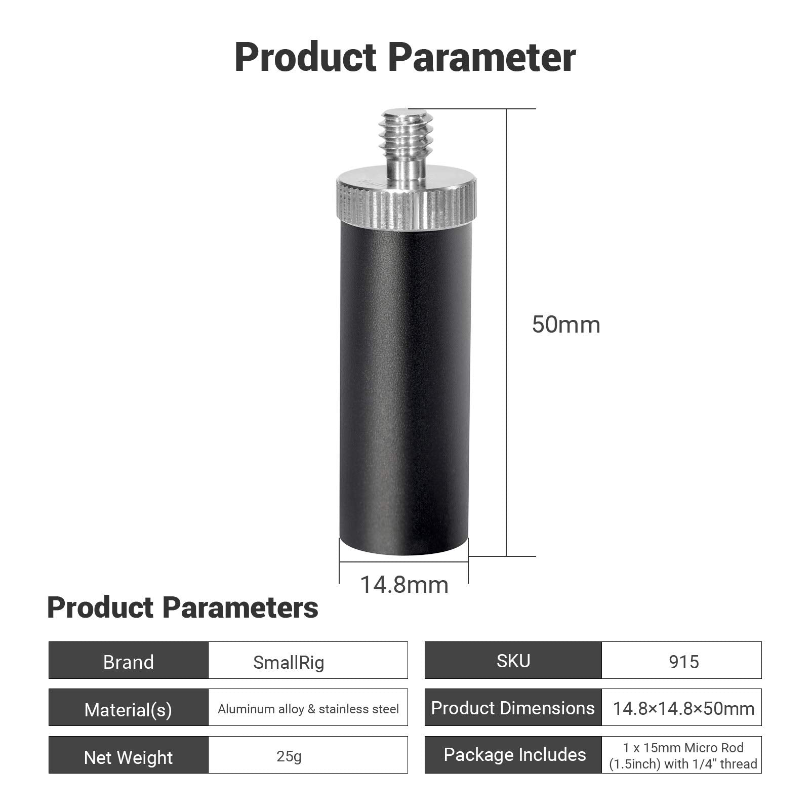 Smallrig Standard 15Mm Micro Rod 1.5 Inches Long With 1/4'' Male Female Thread For Clamp Mount   915